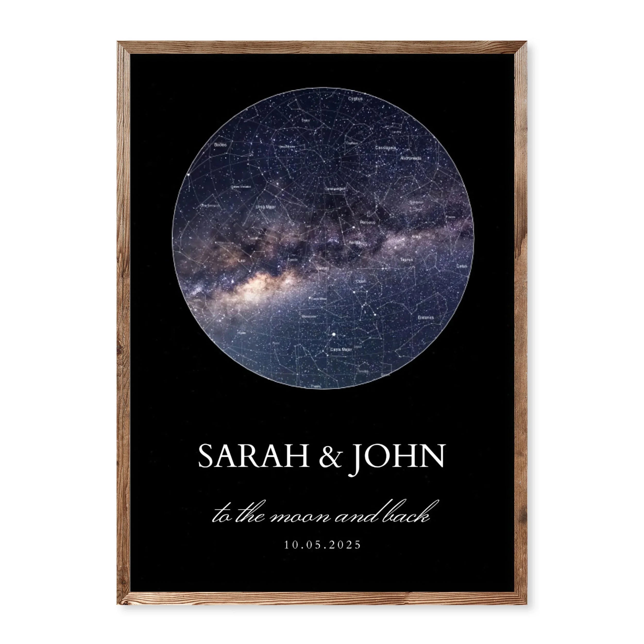Personalised galaxy star map poster with names, date and quote, showing a realistic night sky with the Milky Way.
