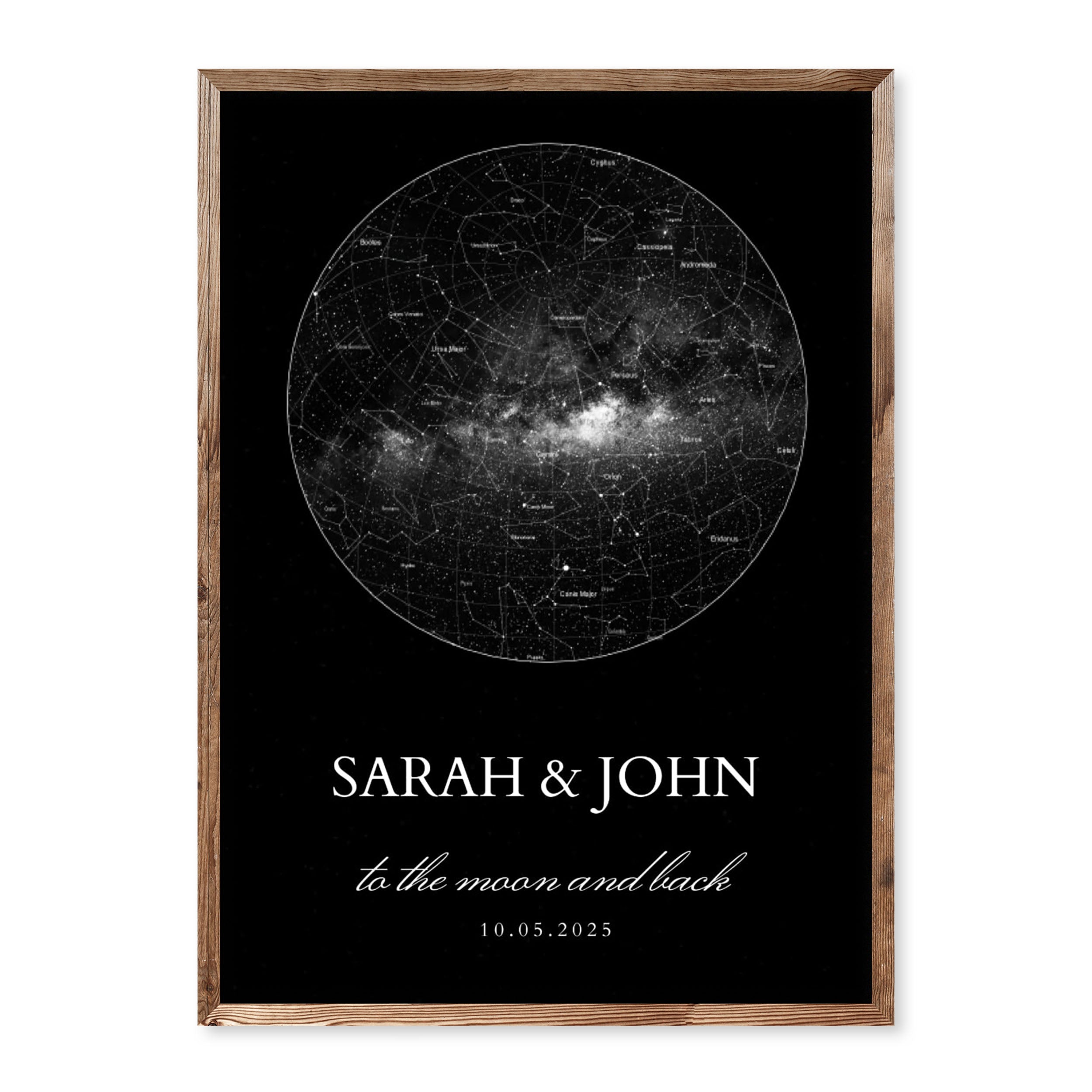 Custom black and white star map print with Milky Way, personalised with names, date, and quote on black background.