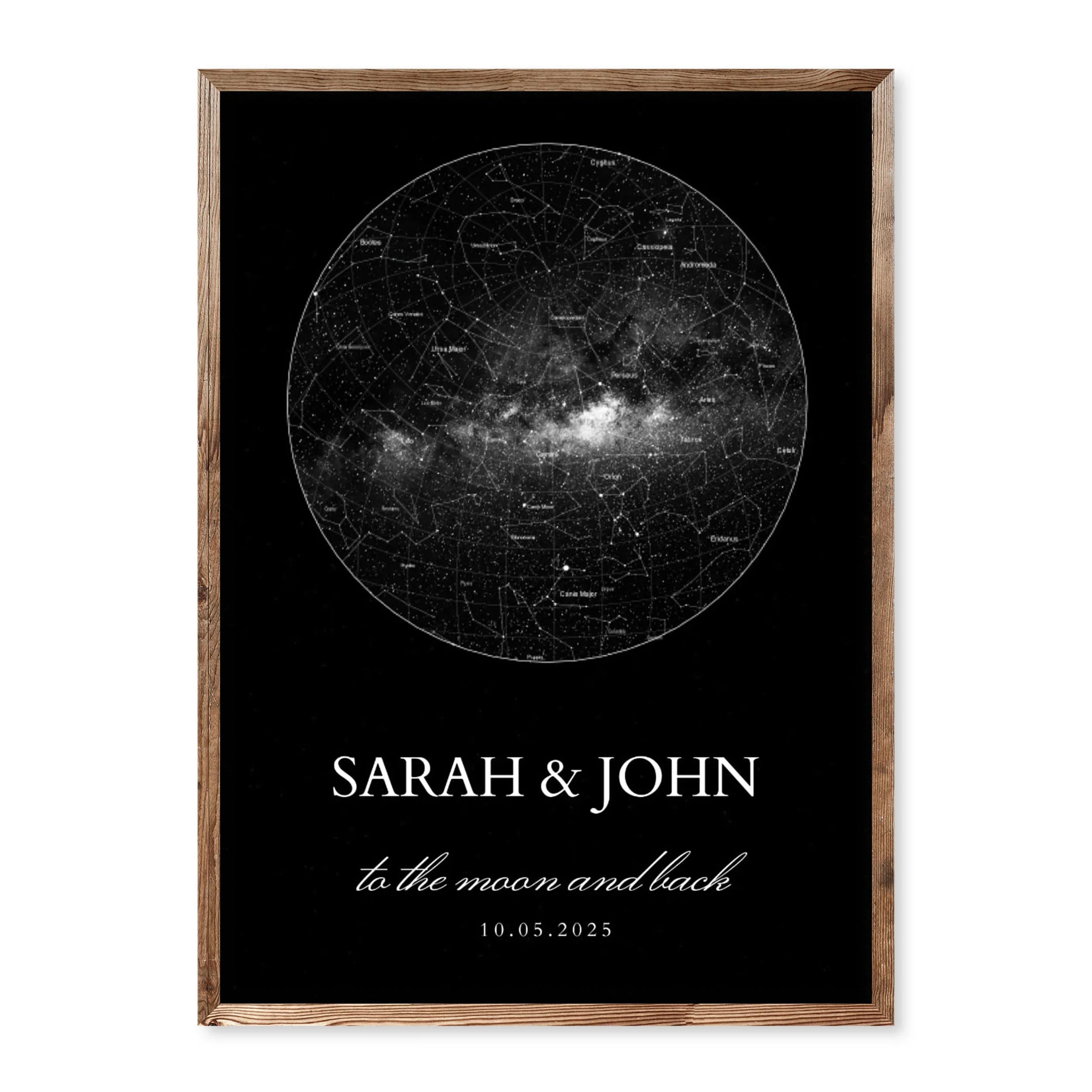 Custom black and white star map print with Milky Way, personalised with names, date, and quote on black background.