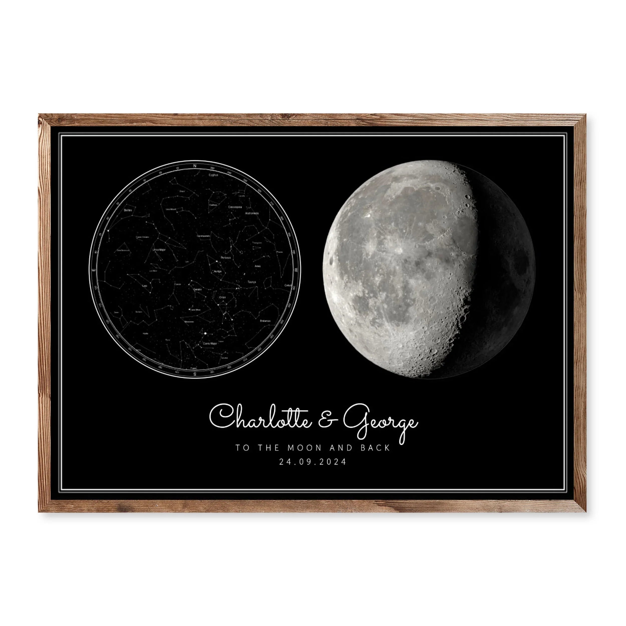 Personalised horizontal star map and moon phase print with names and date – romantic gift for couples