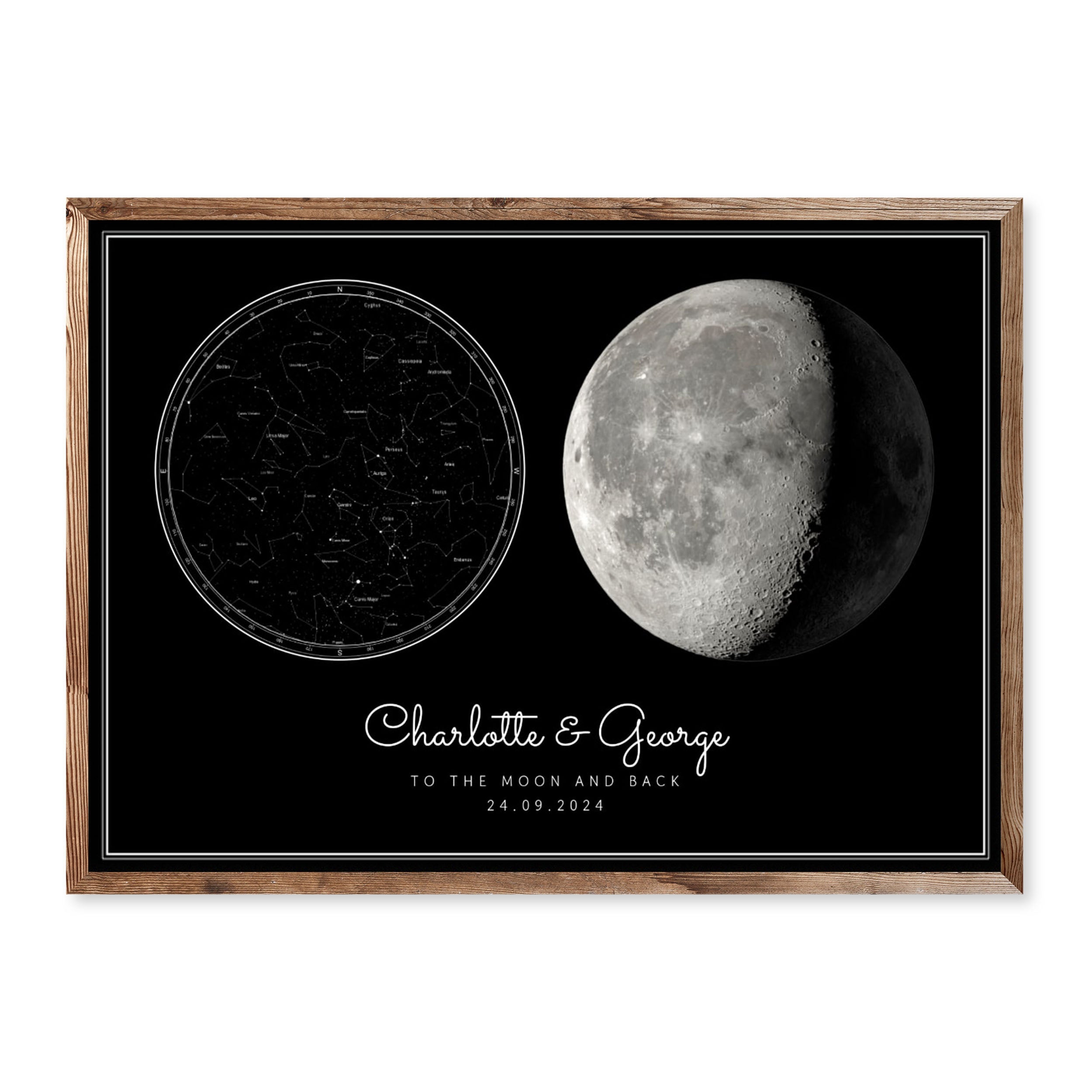 Personalised horizontal star map and moon phase print with names and date – romantic gift for couples