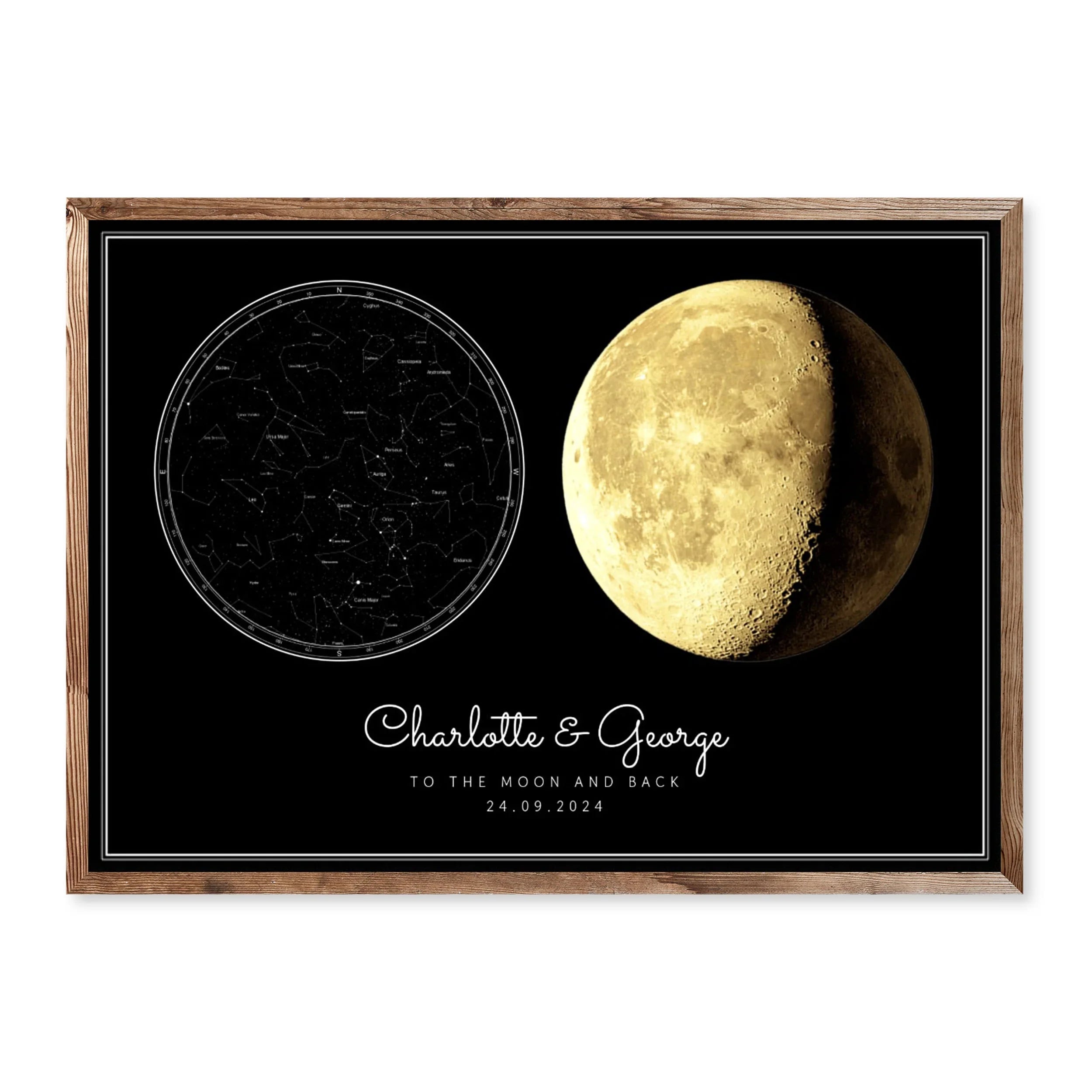 Horizontal personalised poster with black background, golden moon phase and custom star map, with names and date – romantic couple gift