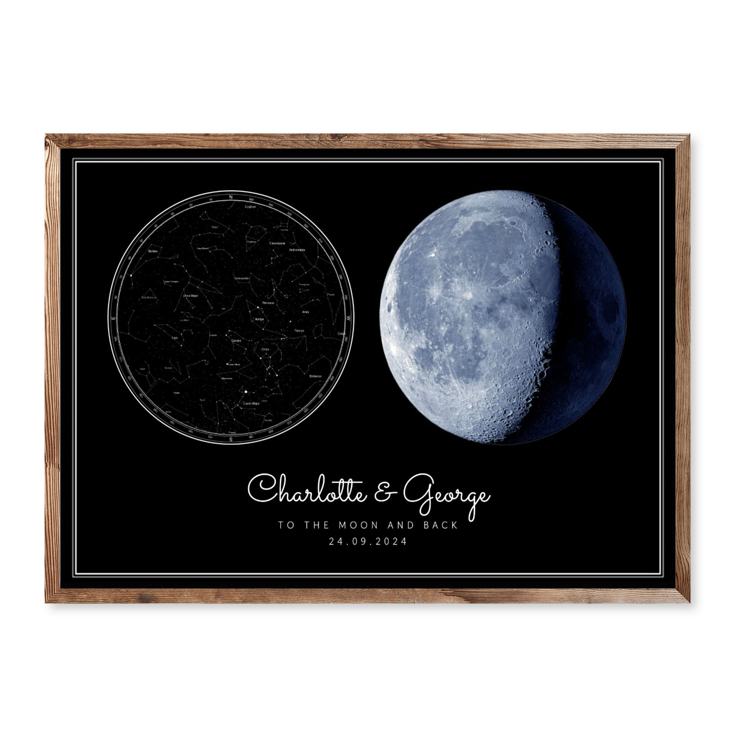 Personalised horizontal star map and blue moon poster with names, date and message, black background – romantic gift for couples