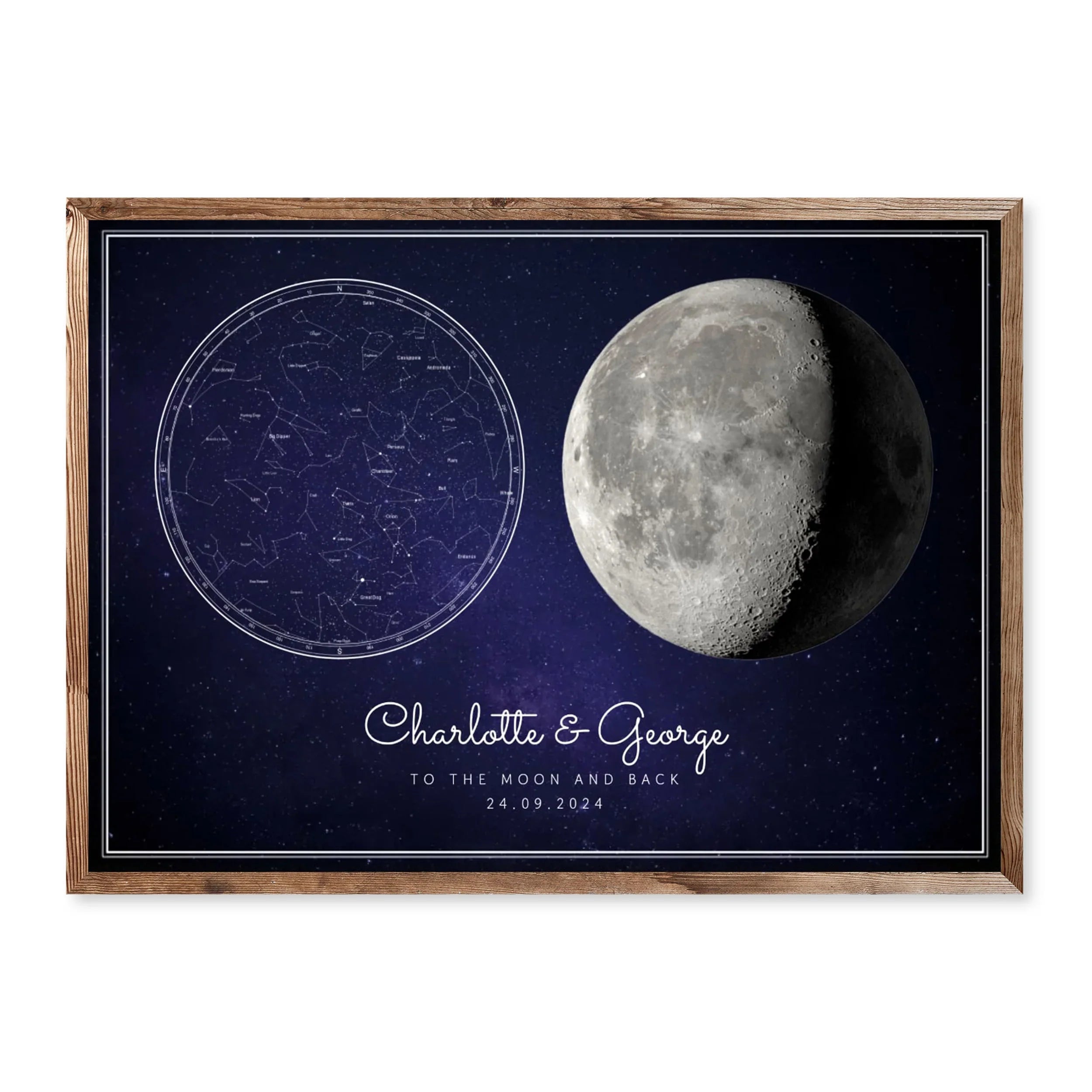 Personalised horizontal star and moon phase map poster with galaxy background, names and date, romantic gift for couples