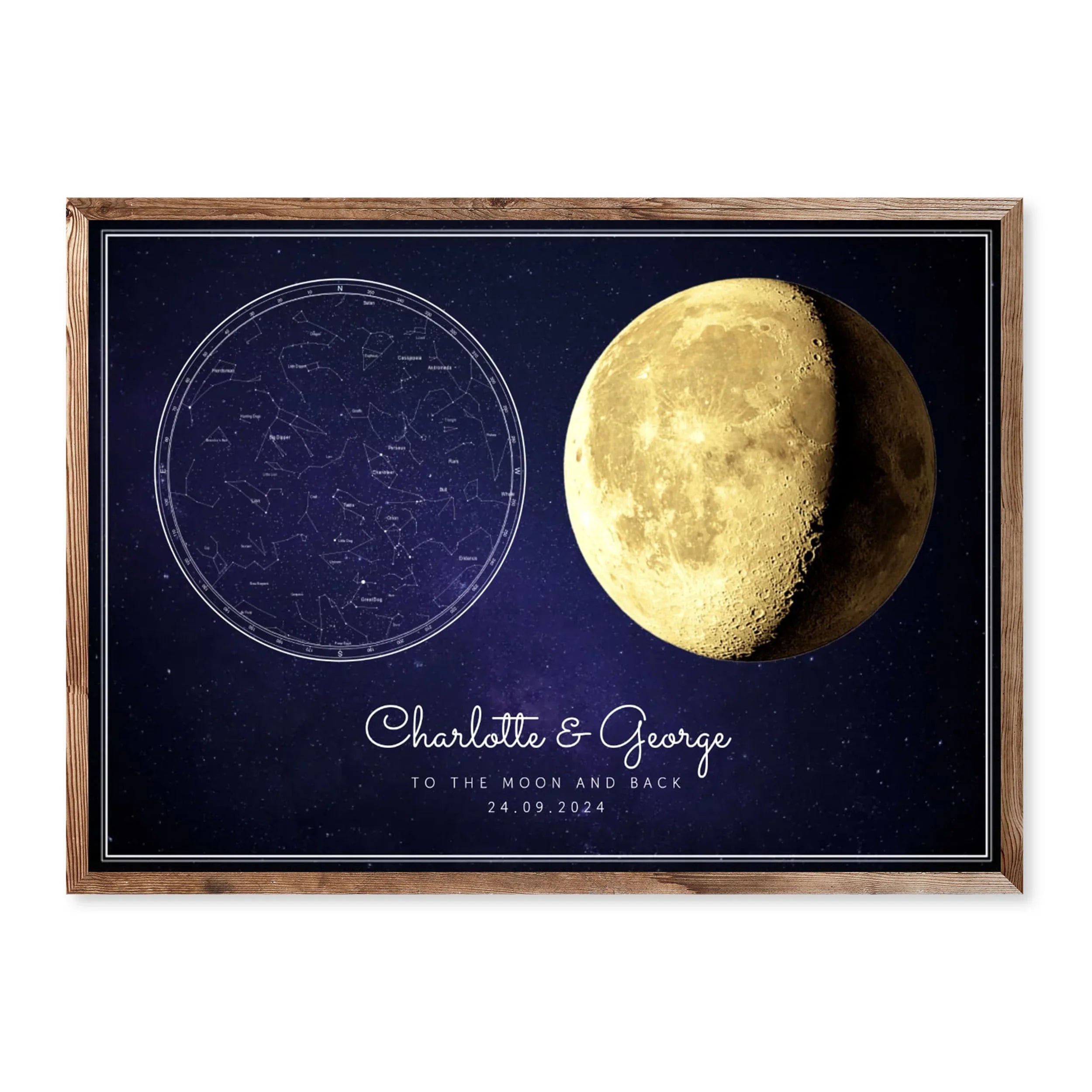 Custom horizontal star map and golden moon phase poster with names and date, deep galaxy background – romantic gift for couples