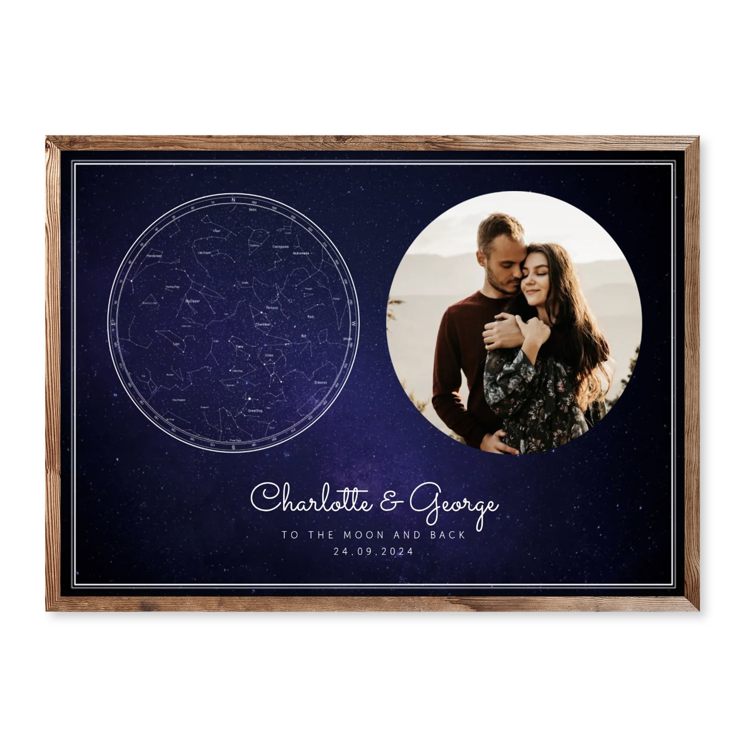 Personalised horizontal star map with custom couple photo and names, romantic galaxy print with constellations and date