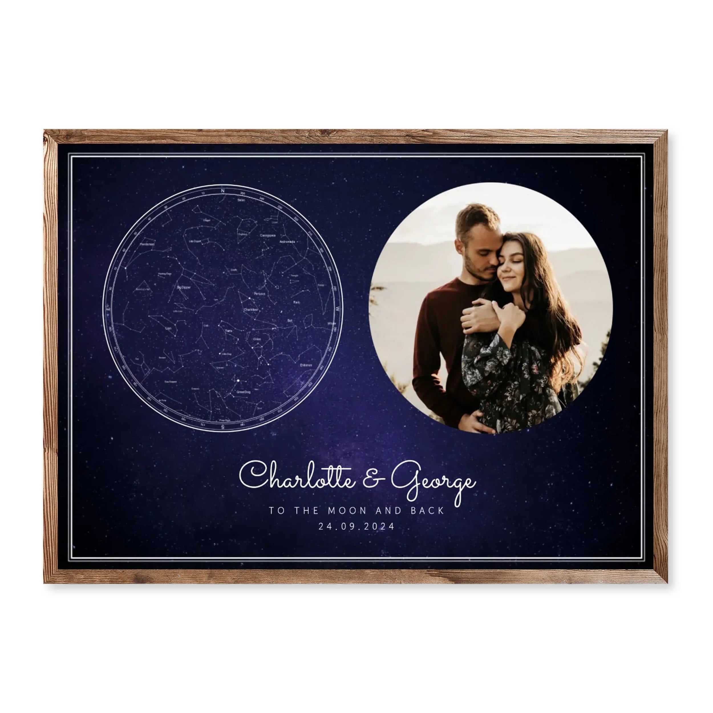 Personalised horizontal star map with custom couple photo and names, romantic galaxy print with constellations and date