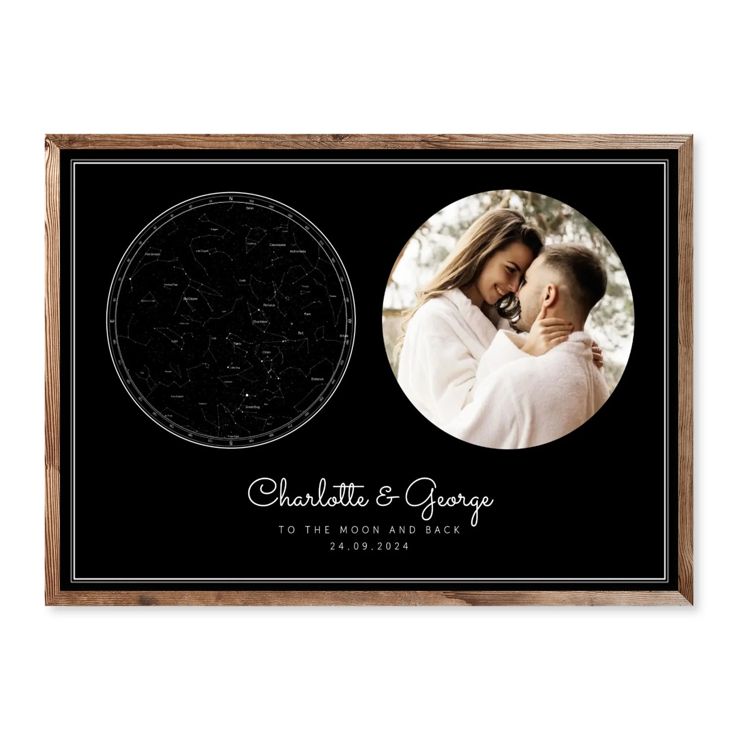 Personalised horizontal star map print with black background and custom couple photo, constellation map and names