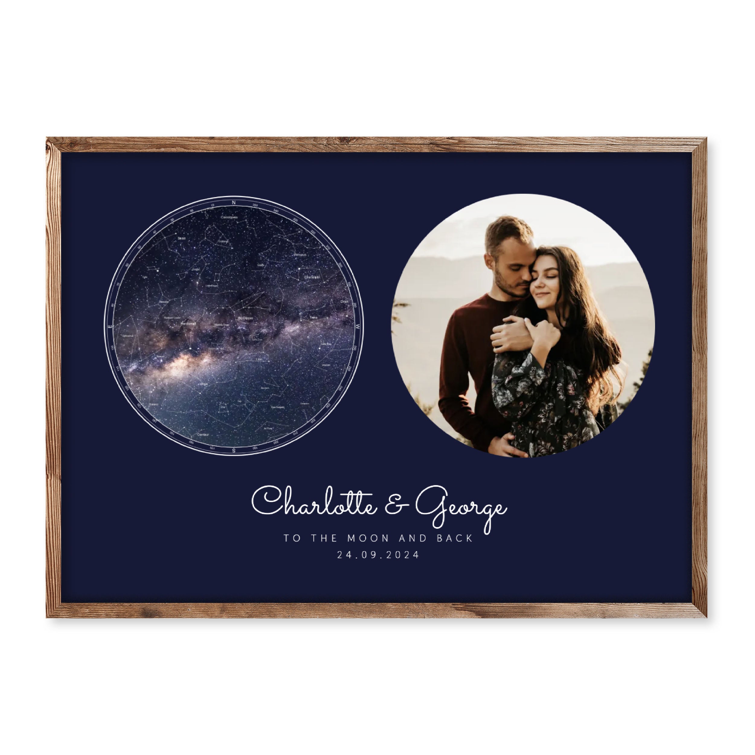 Personalised horizontal star map poster with a navy blue background, showing a circular night sky with constellations on the left and a photo of a couple on the right. Below, the names “Charlotte & George”, the quote “To the moon and back”, and the date 24.09.2024 are written in white.