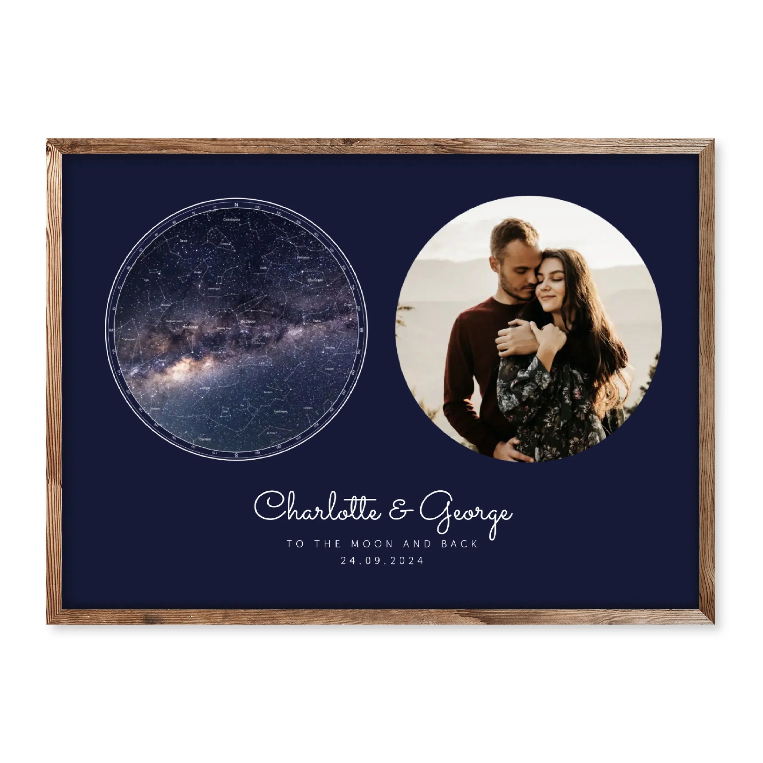 Personalised horizontal star map poster with a navy blue background, showing a circular night sky with constellations on the left and a photo of a couple on the right. Below, the names “Charlotte & George”, the quote “To the moon and back”, and the date 24.09.2024 are written in white.