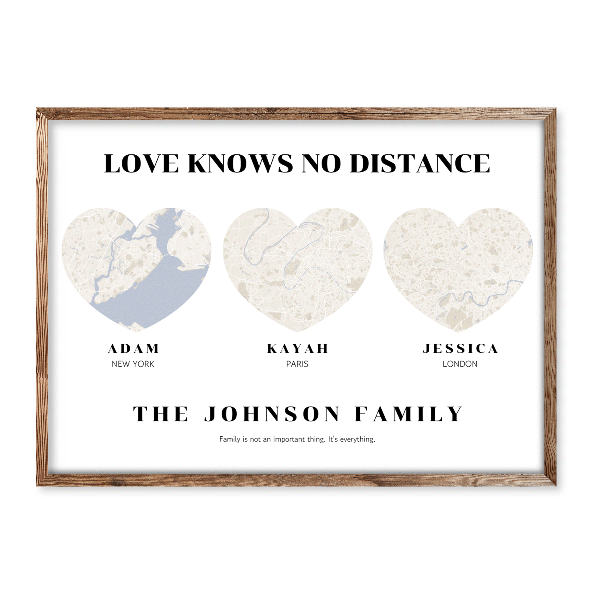 Personalised family map poster with three heart-shaped maps showing New York, Paris, and London, custom names and the quote "Love Knows No Distance".