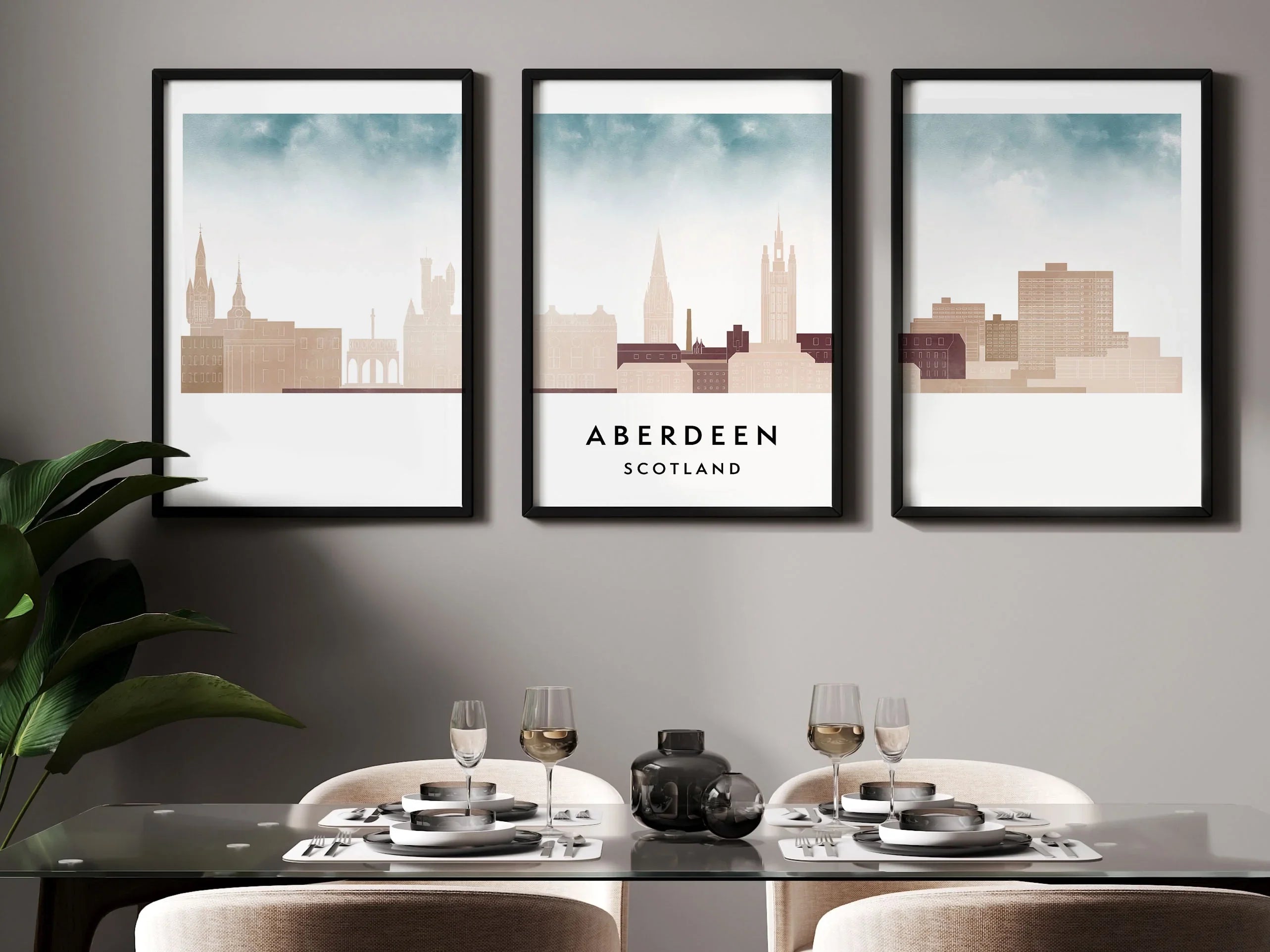 Aberdeen Silhouette Triptych in Watercolor Style, Aberdeen Skyline Poster, Aberdeen Set of 3 Posters, Watercolor style