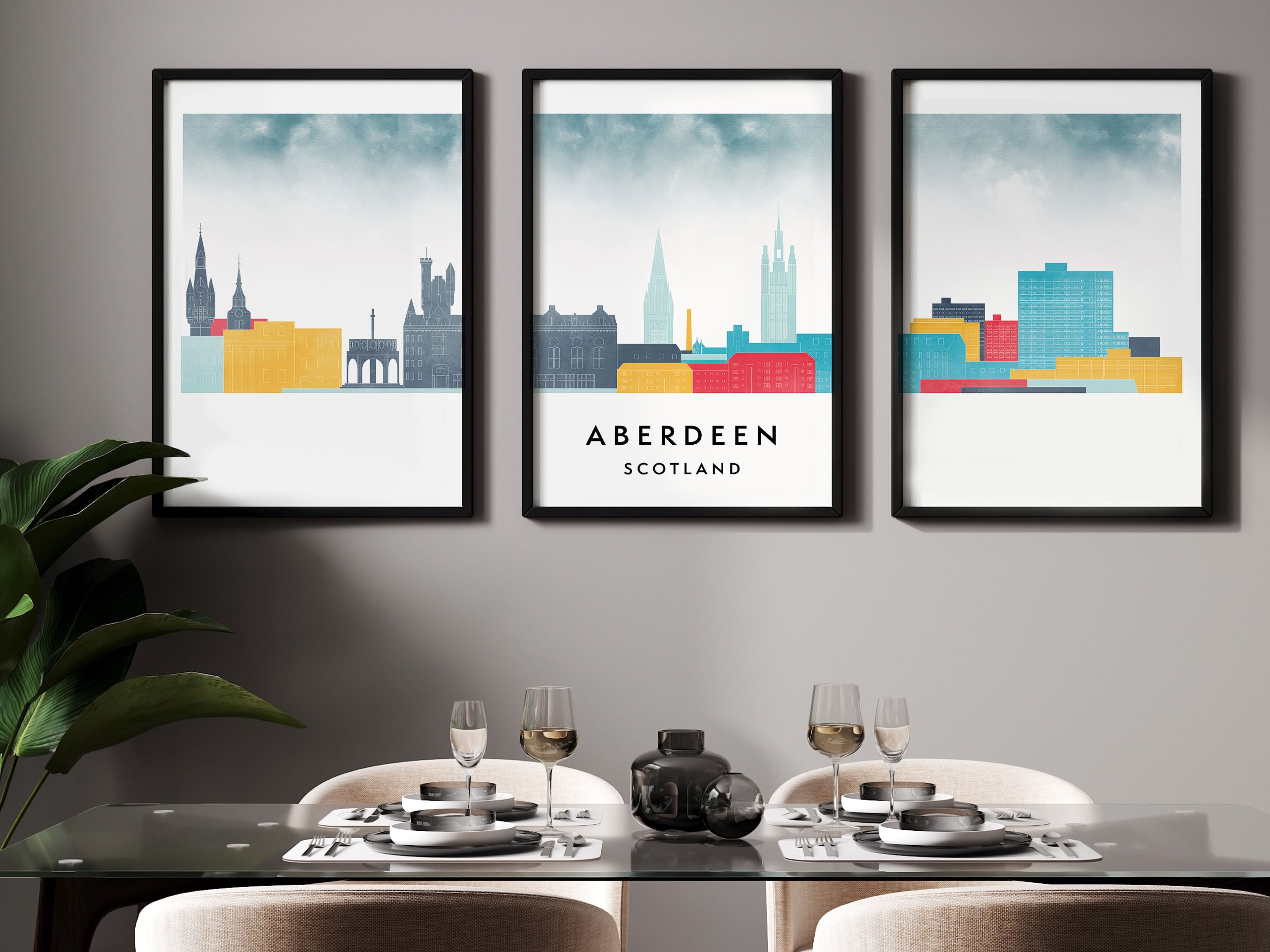 Aberdeen Silhouette Triptych in Watercolor Style, Aberdeen Skyline Poster, Aberdeen Set of 3 Posters, Watercolor style