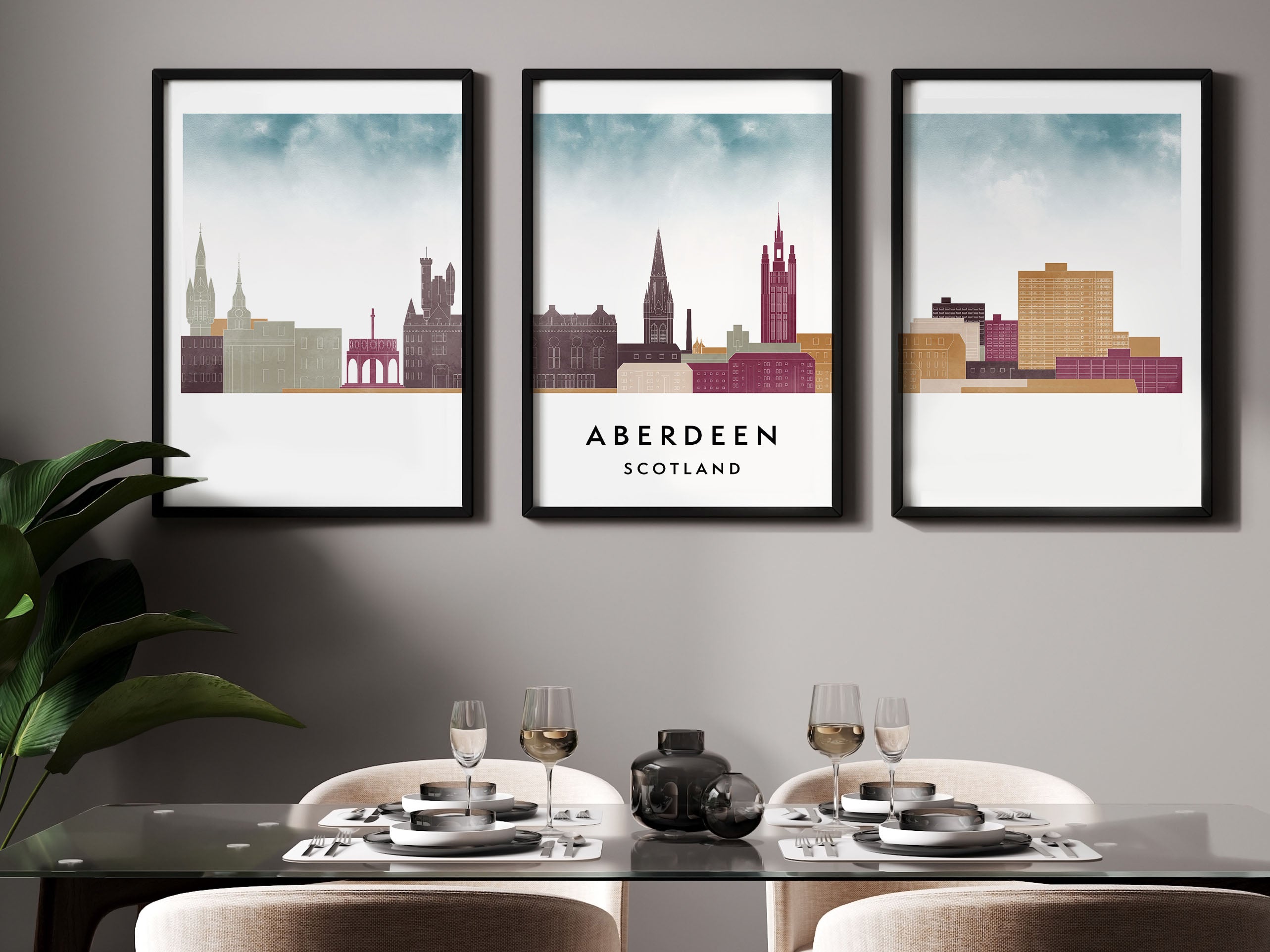 Aberdeen Silhouette Triptych in Watercolor Style, Aberdeen Skyline Poster, Aberdeen Set of 3 Posters, Watercolor style