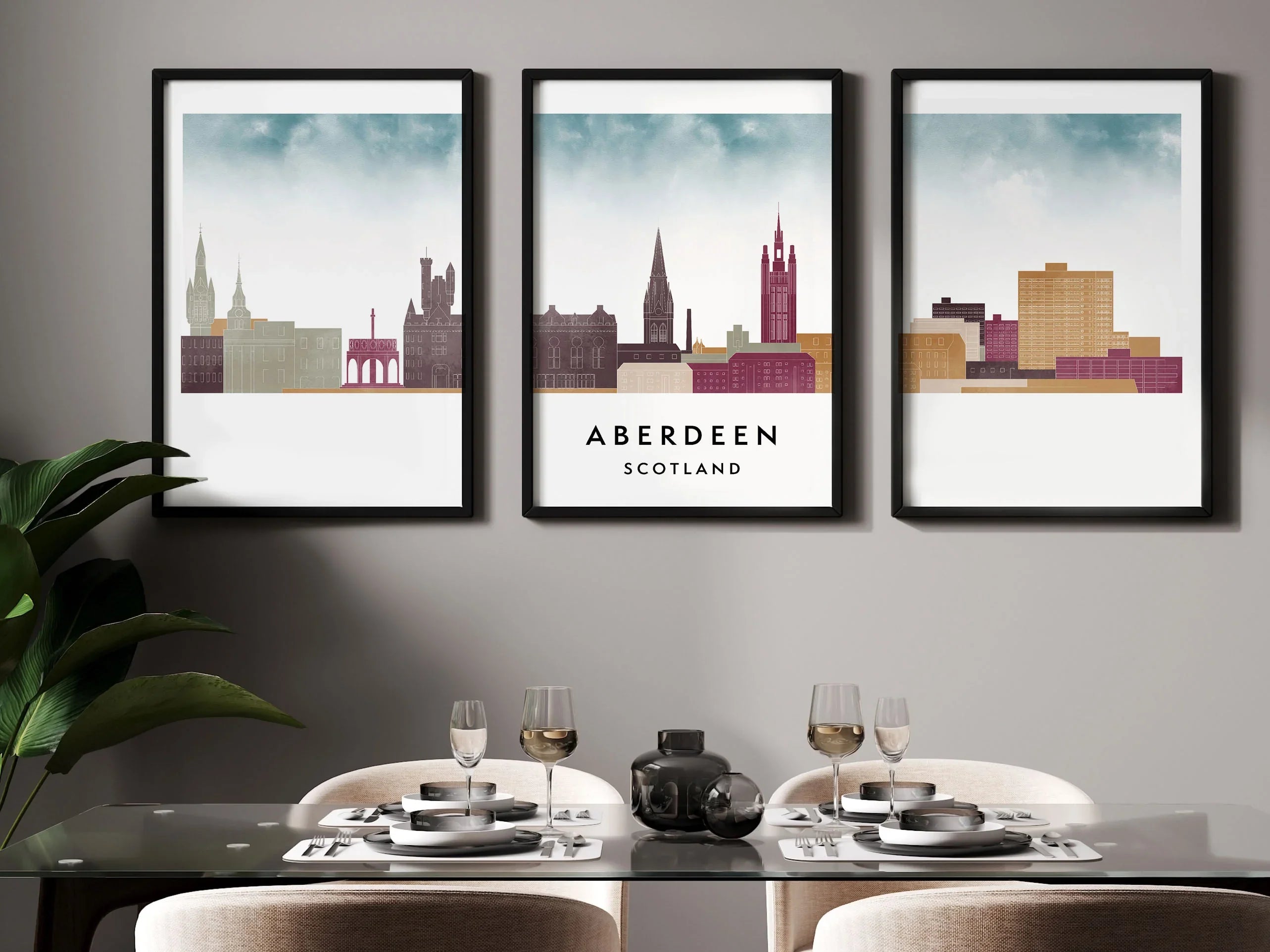 Aberdeen Silhouette Triptych in Watercolor Style, Aberdeen Skyline Poster, Aberdeen Set of 3 Posters, Watercolor style