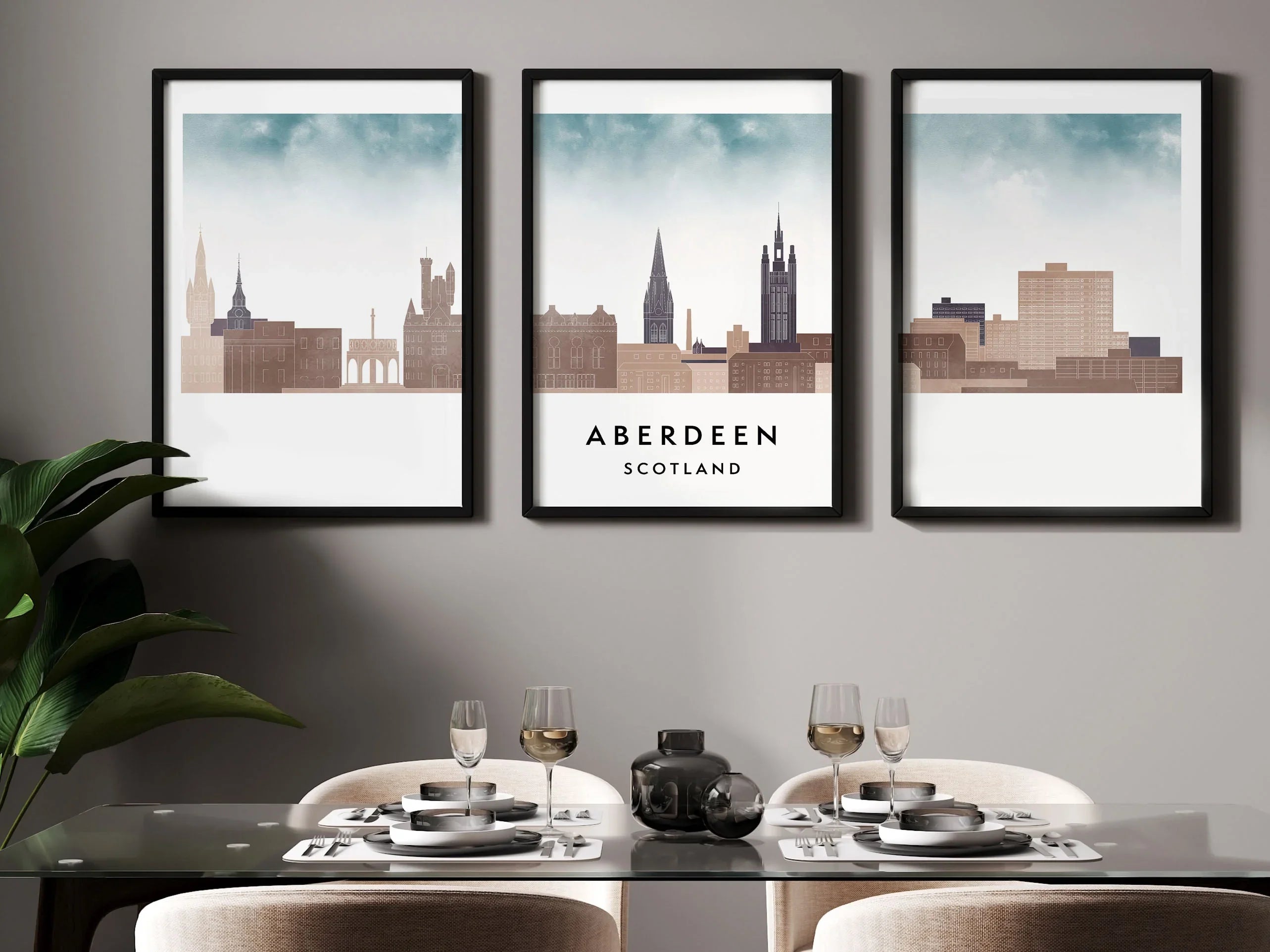 Aberdeen Silhouette Triptych in Watercolor Style, Aberdeen Skyline Poster, Aberdeen Set of 3 Posters, Watercolor style