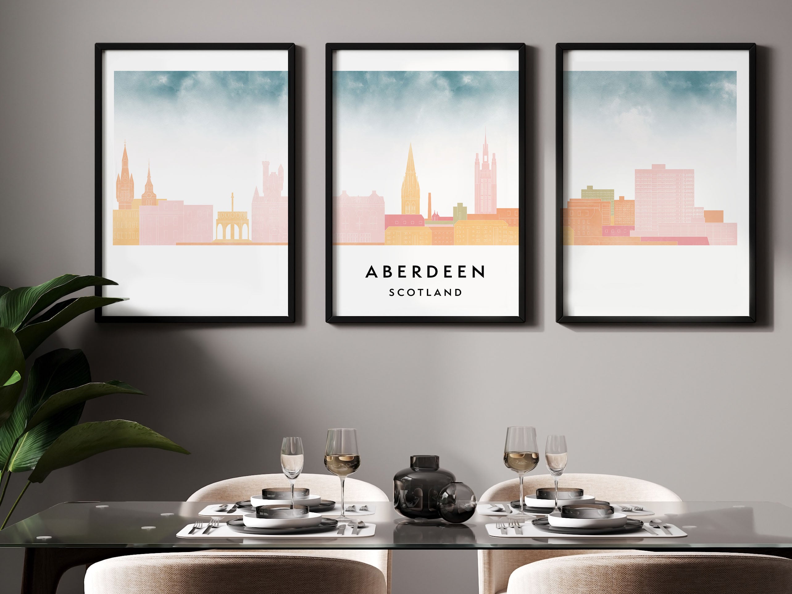 Aberdeen Silhouette Triptych in Watercolor Style, Aberdeen Skyline Poster, Aberdeen Set of 3 Posters, Watercolor style