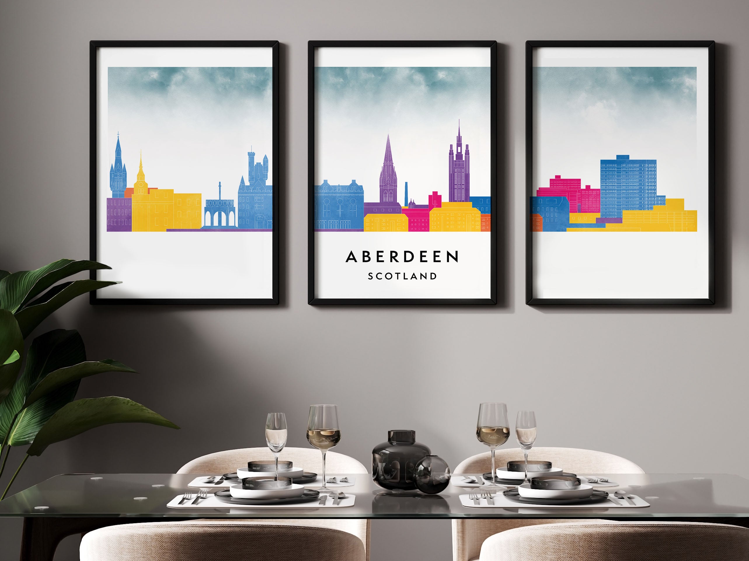 Aberdeen Silhouette Triptych in Watercolor Style, Aberdeen Skyline Poster, Aberdeen Set of 3 Posters, Watercolor style