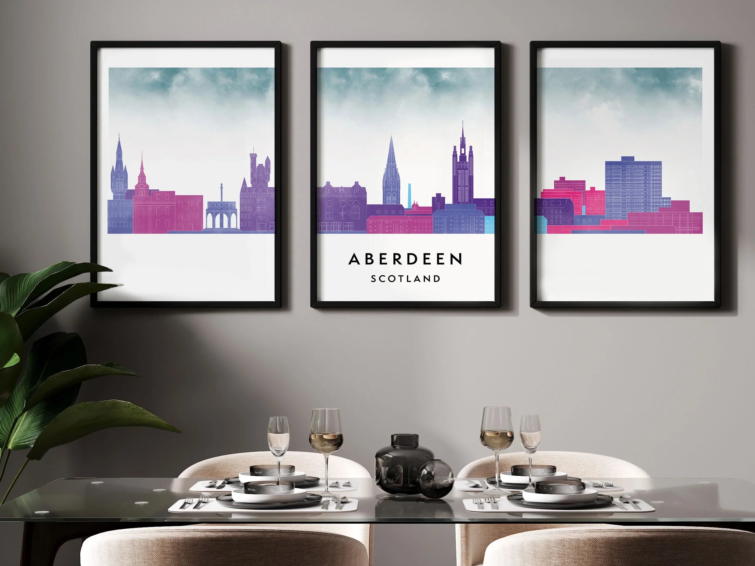 Aberdeen Silhouette Triptych in Watercolor Style, Aberdeen Skyline Poster, Aberdeen Set of 3 Posters, Watercolor style