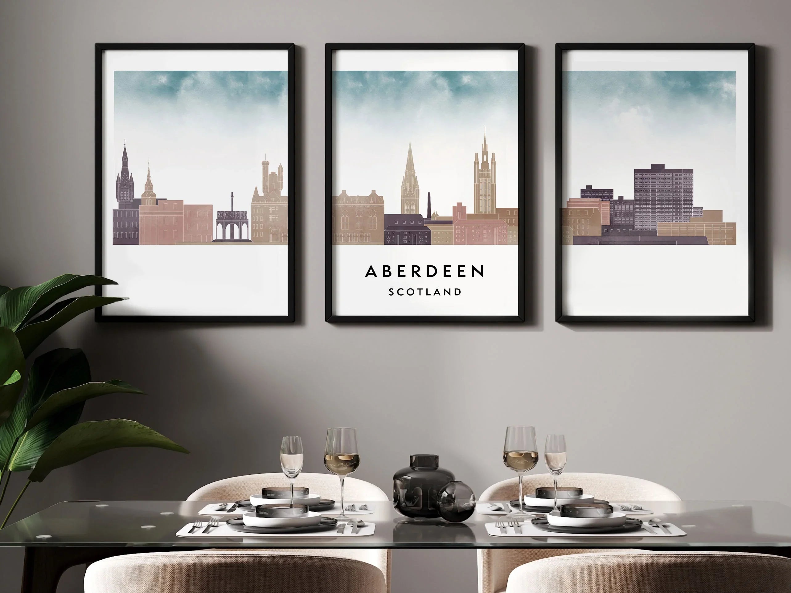 Aberdeen Silhouette Triptych in Watercolor Style, Aberdeen Skyline Poster, Aberdeen Set of 3 Posters, Watercolor style