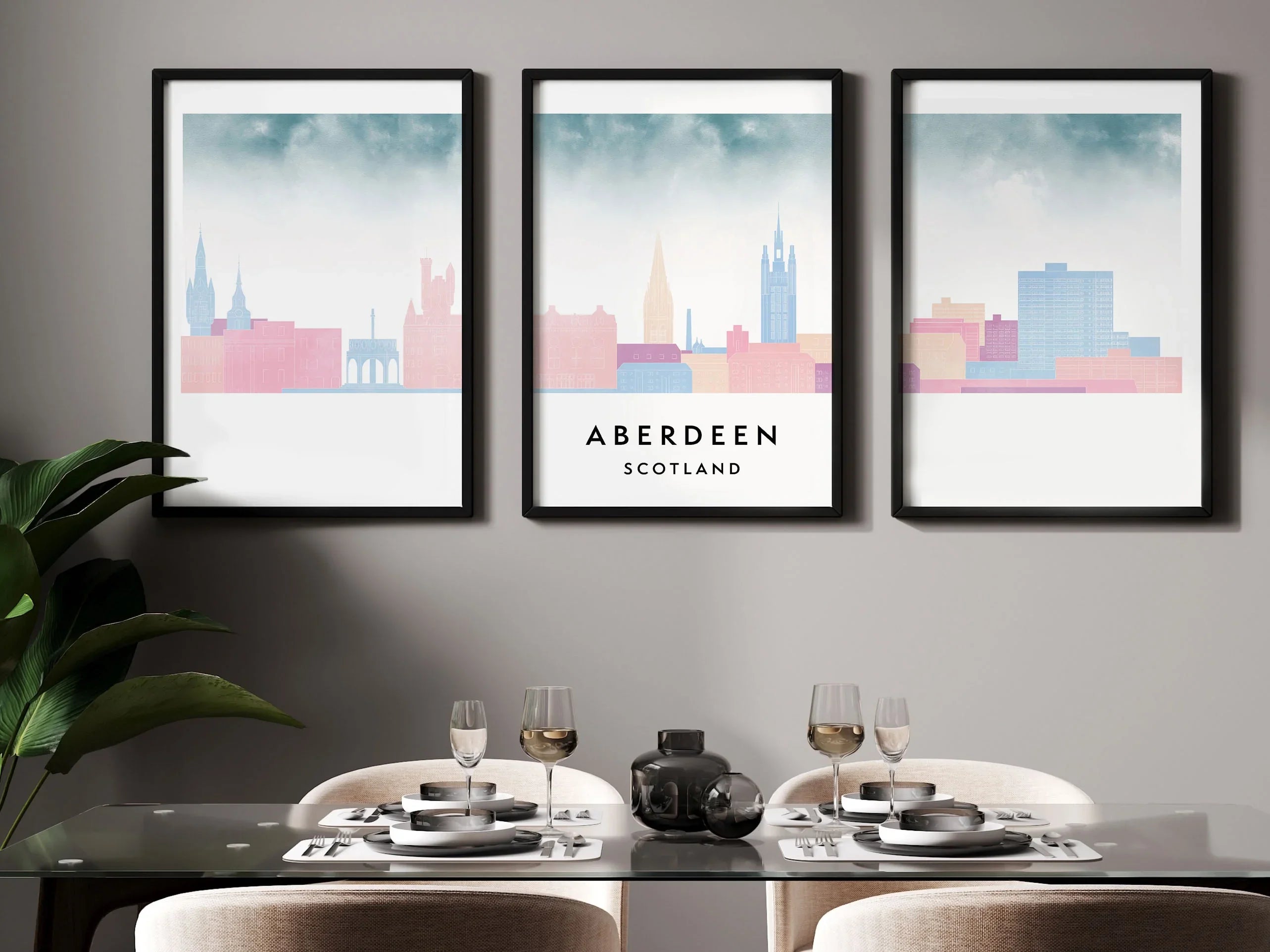 Aberdeen Silhouette Triptych in Watercolor Style, Aberdeen Skyline Poster, Aberdeen Set of 3 Posters, Watercolor style