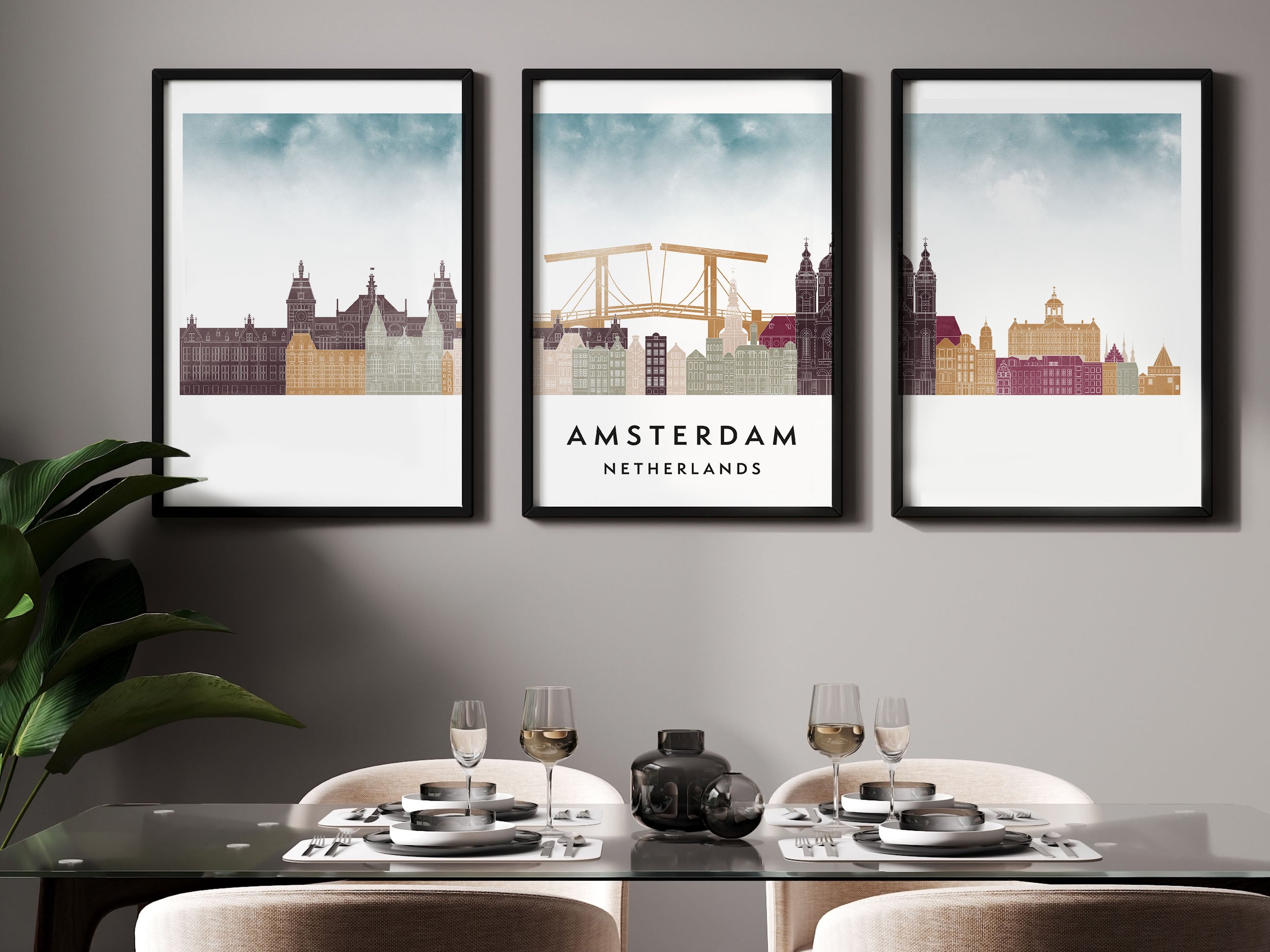 Amsterdam Silhouette Triptych in Watercolor Style, Amsterdam Skyline Poster, Amsterdam Set of 3 Posters