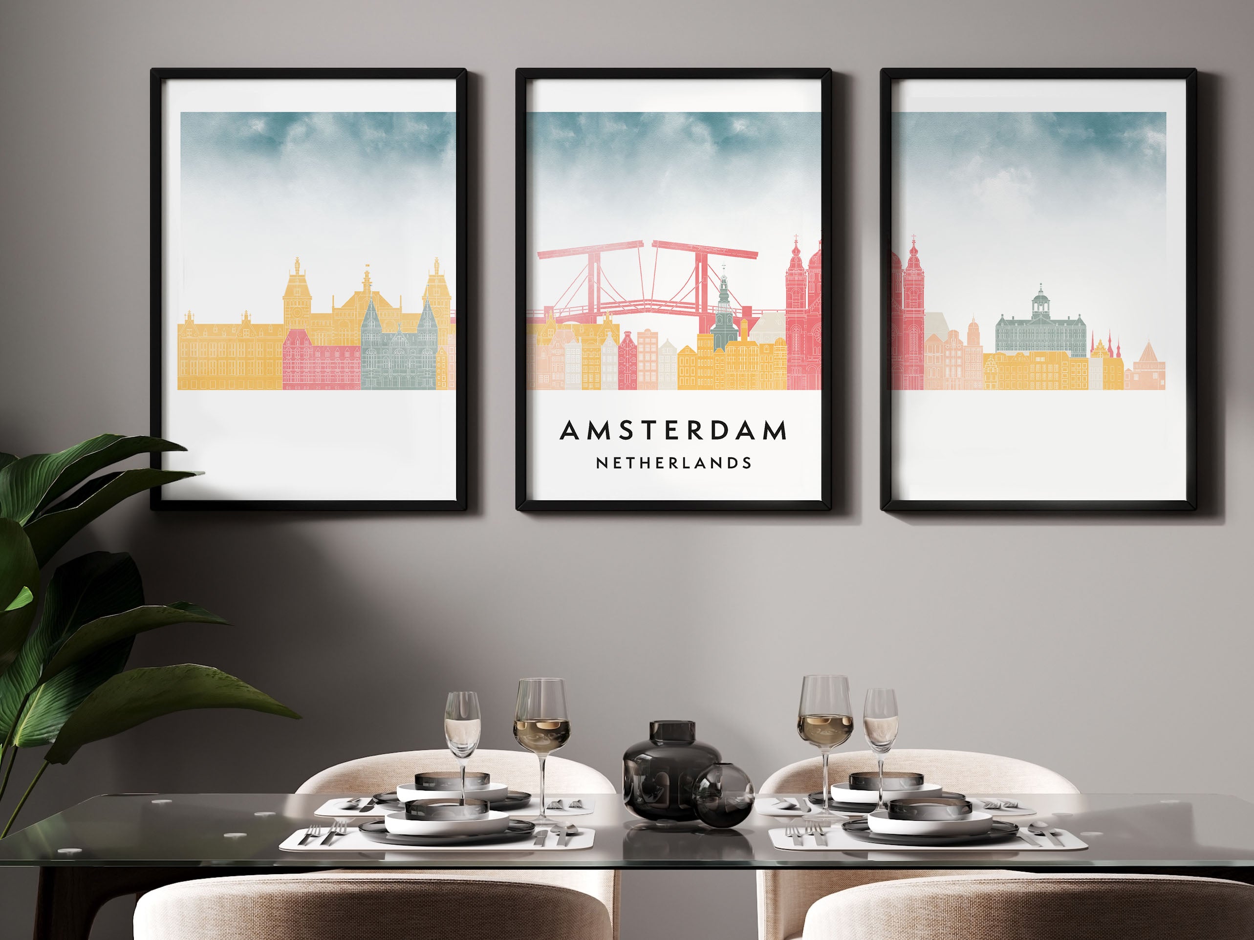 Amsterdam Silhouette Triptych in Watercolor Style, Amsterdam Skyline Poster, Amsterdam Set of 3 Posters, Watercolor style