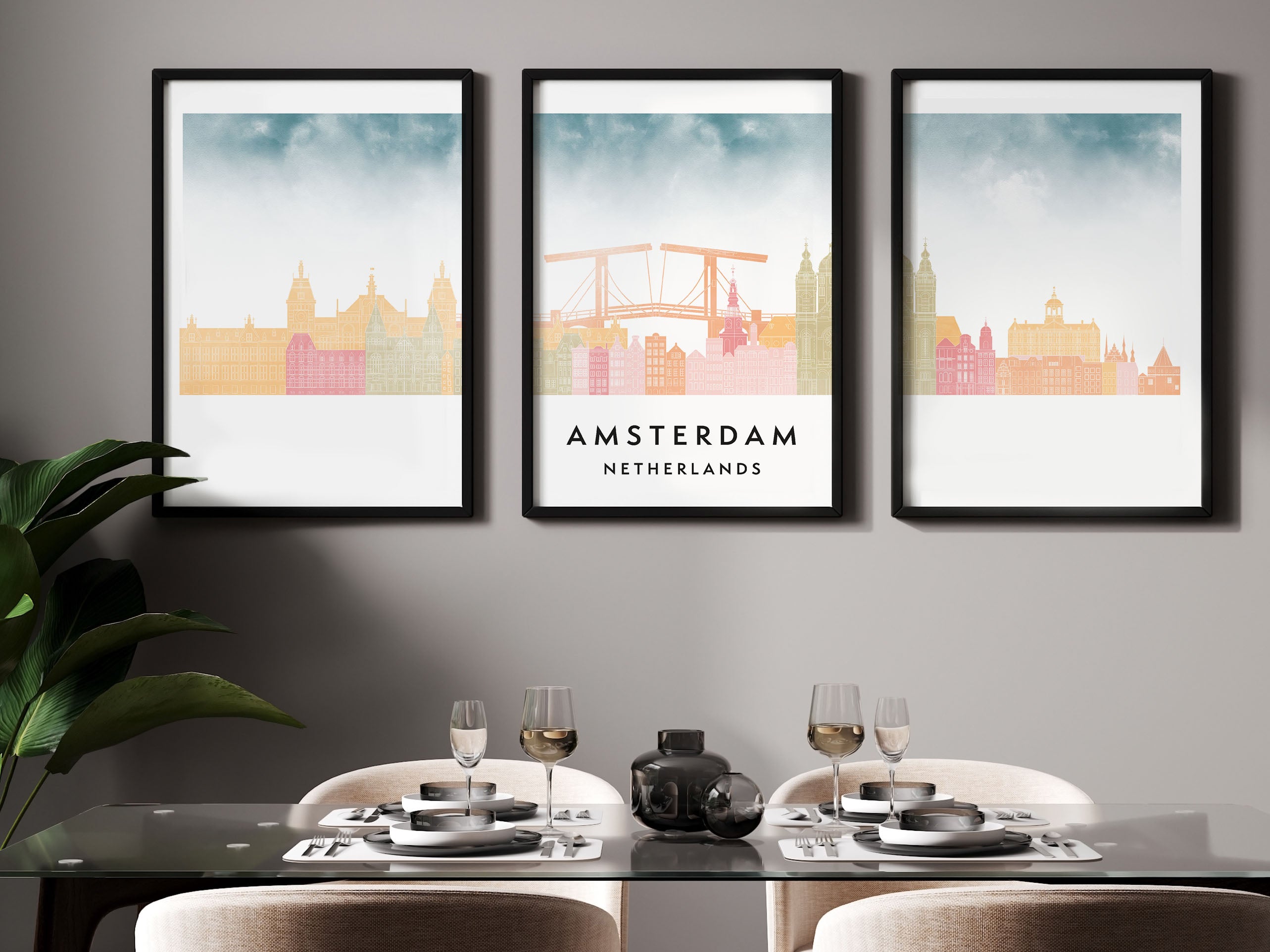 Amsterdam Silhouette Triptych in Watercolor Style, Amsterdam Skyline Poster, Amsterdam Set of 3 Posters, Watercolor style
