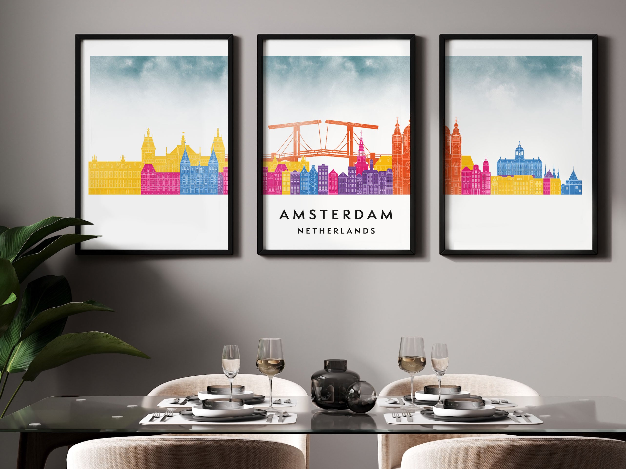 Amsterdam Silhouette Triptych in Watercolor Style, Amsterdam Skyline Poster, Amsterdam Set of 3 Posters