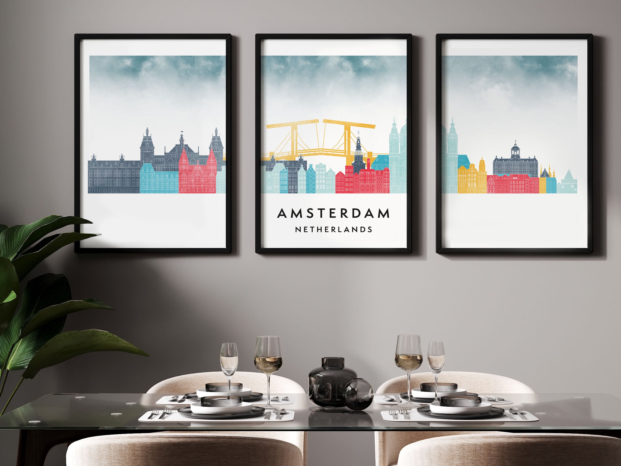 Amsterdam Silhouette Triptych in Watercolor Style, Amsterdam Skyline Poster, Amsterdam Set of 3 Posters, Watercolor style