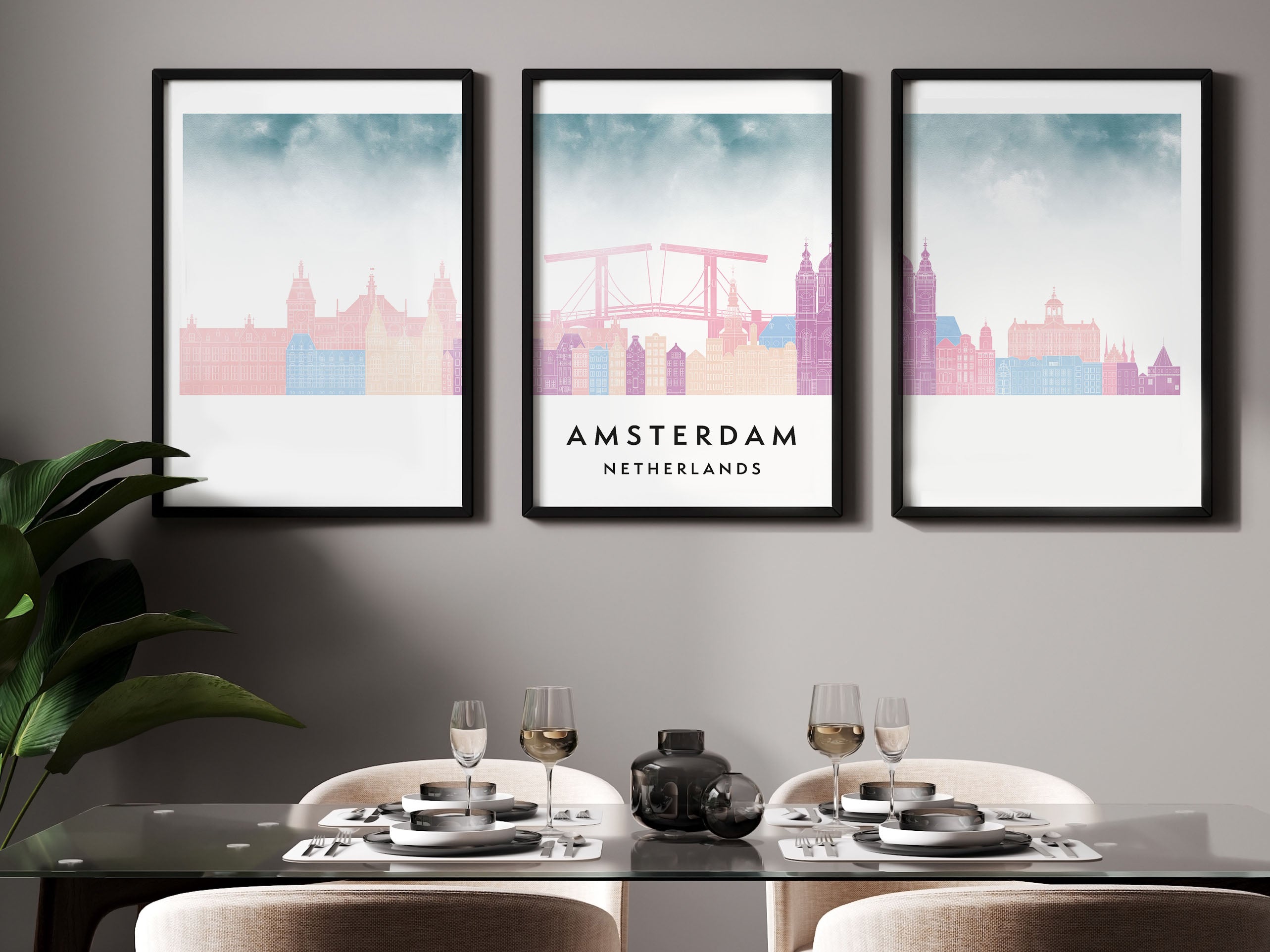 Amsterdam Silhouette Triptych in Watercolor Style, Amsterdam Skyline Poster, Amsterdam Set of 3 Posters, Watercolor style