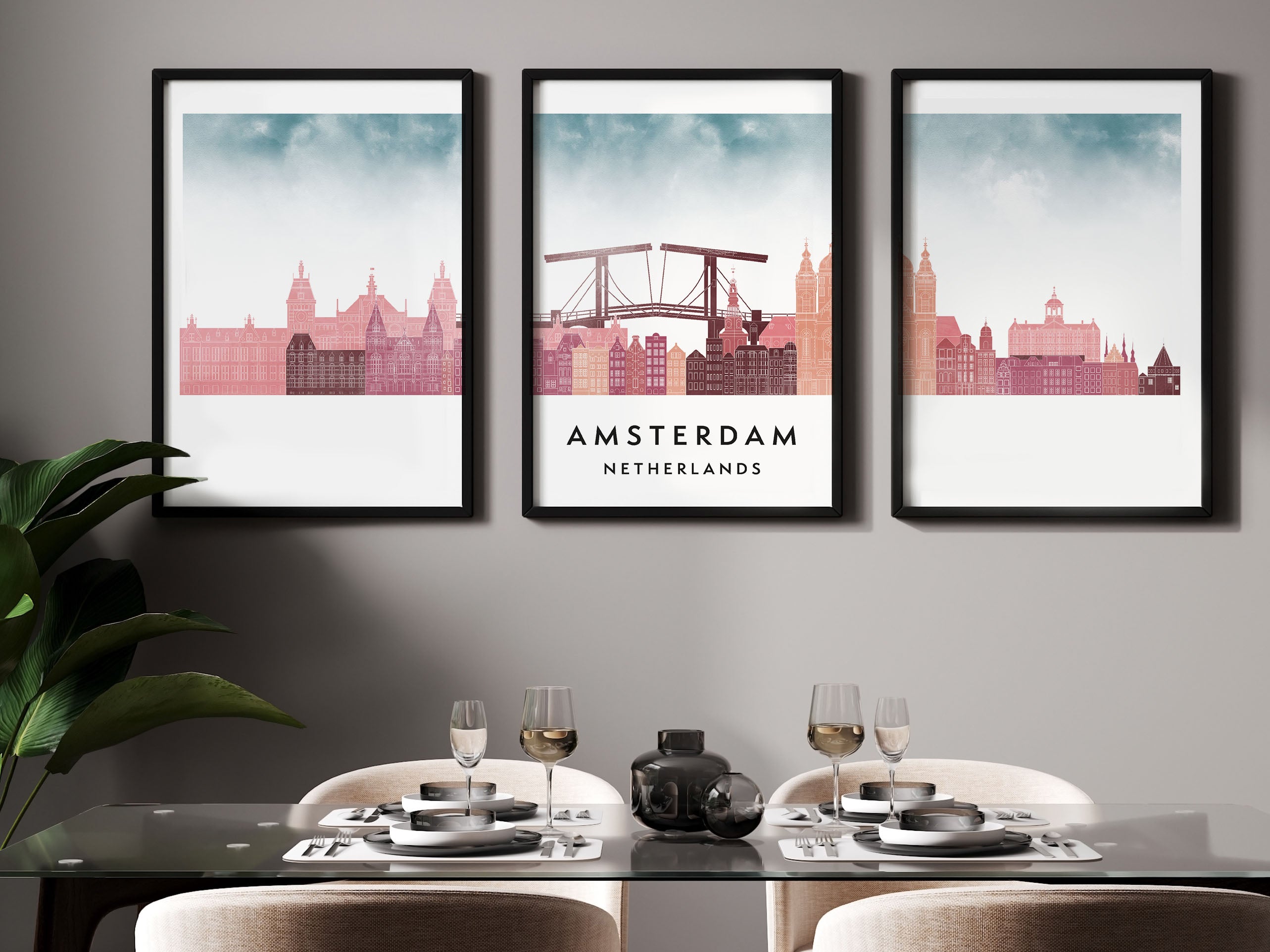 Amsterdam Silhouette Triptych in Watercolor Style, Amsterdam Skyline Poster, Amsterdam Set of 3 Posters, Watercolor style