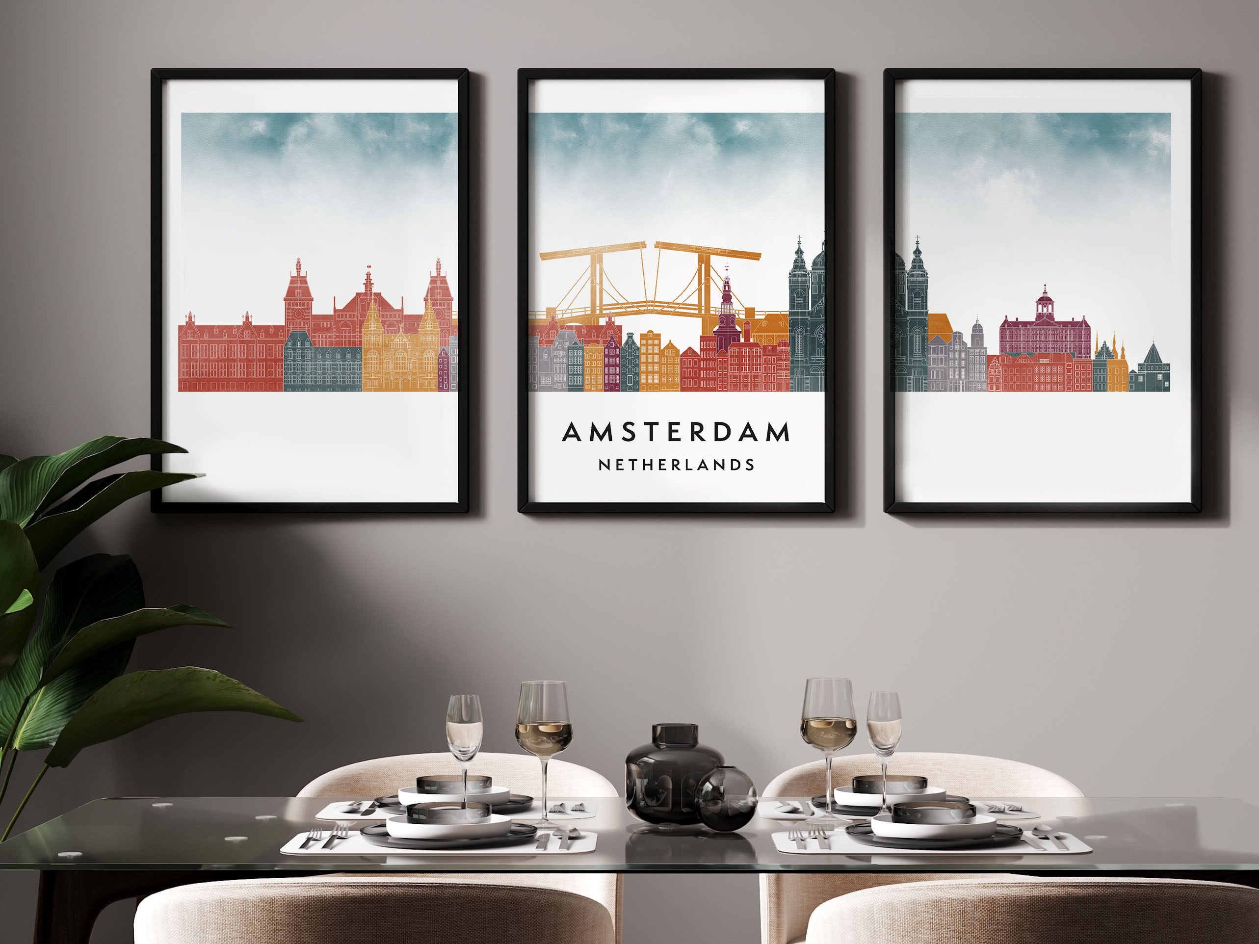 Amsterdam Silhouette Triptych in Watercolor Style, Amsterdam Skyline Poster, Amsterdam Set of 3 Posters, Watercolor style