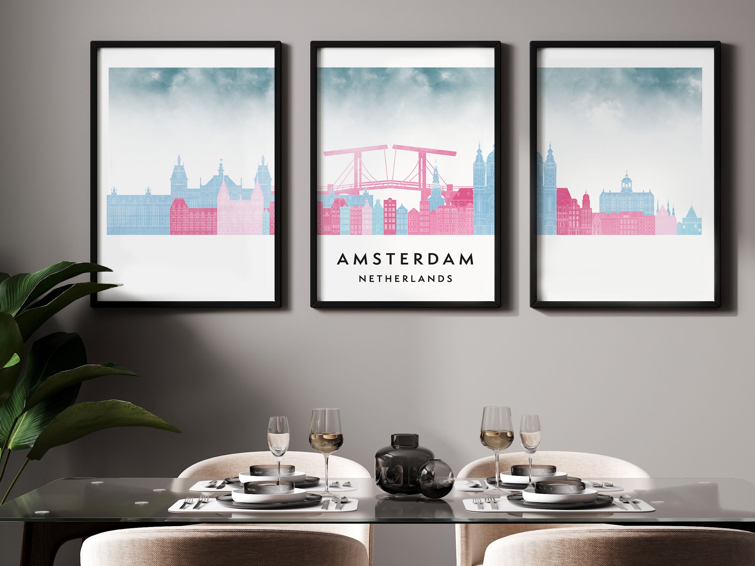 Amsterdam Silhouette Triptych in Watercolor Style, Amsterdam Skyline Poster, Amsterdam Set of 3 Posters, Watercolor style