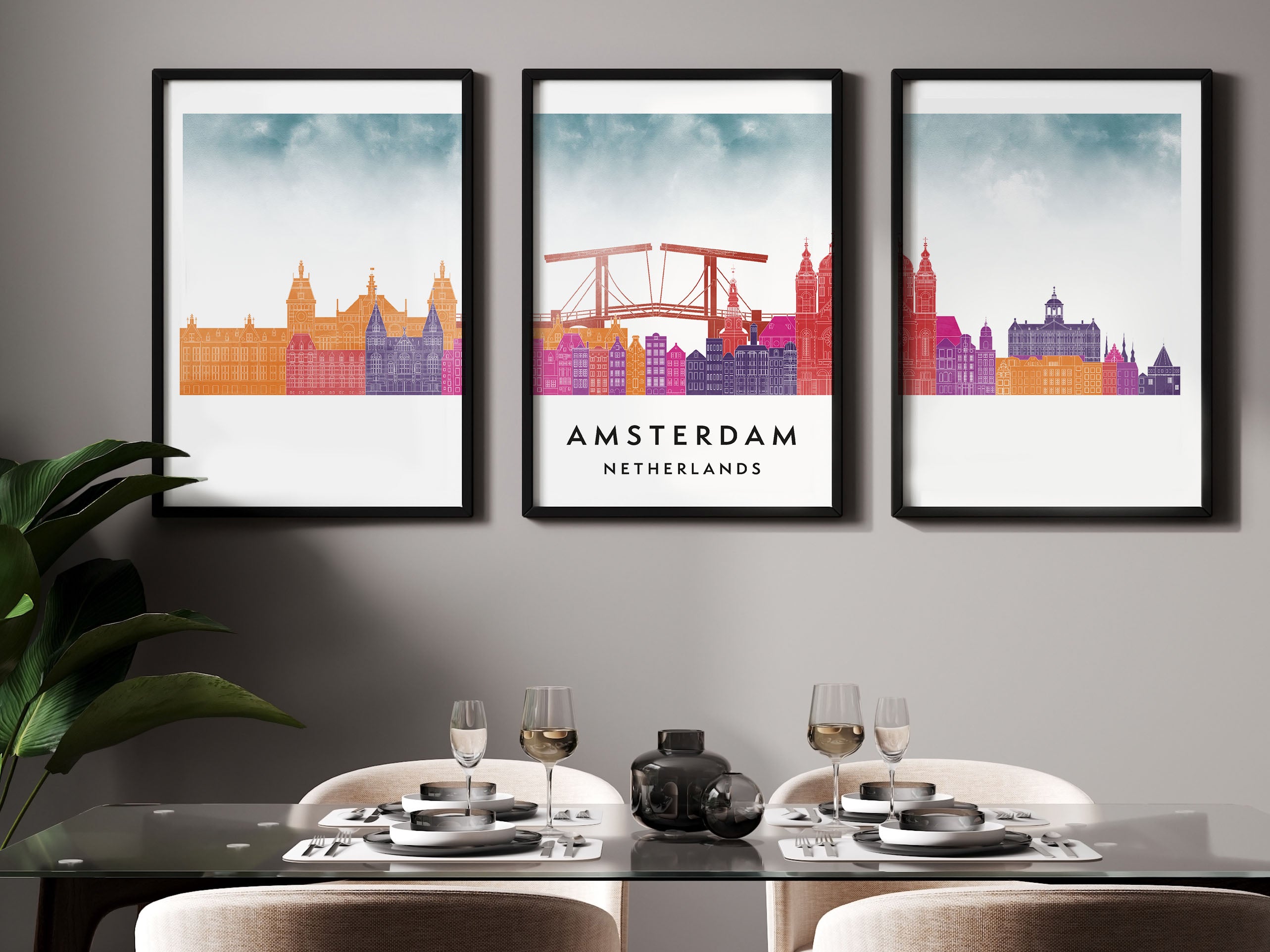 Amsterdam Silhouette Triptych in Watercolor Style, Amsterdam Skyline Poster, Amsterdam Set of 3 Posters, Watercolor style