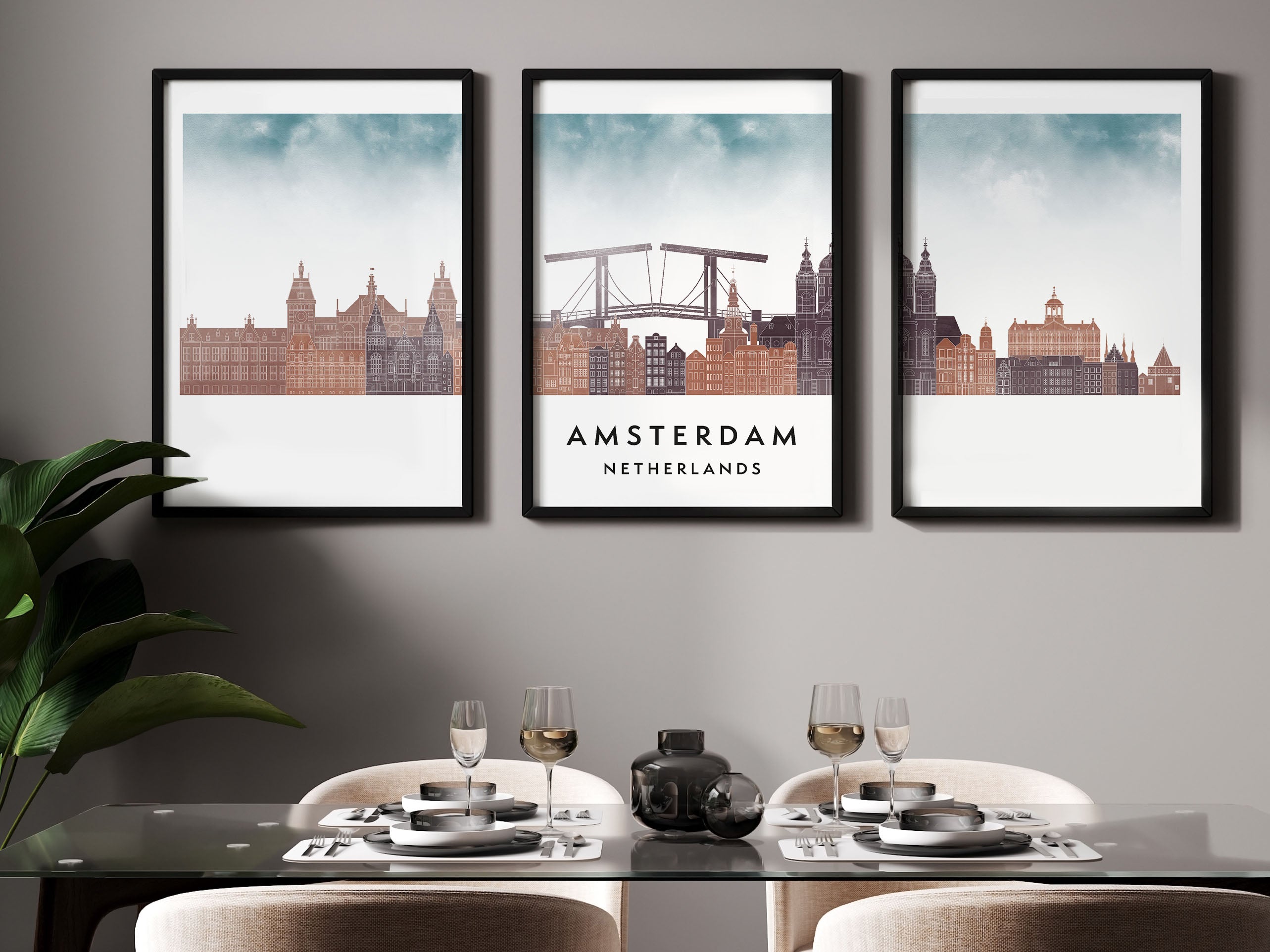 Amsterdam Silhouette Triptych in Watercolor Style, Amsterdam Skyline Poster, Amsterdam Set of 3 Posters