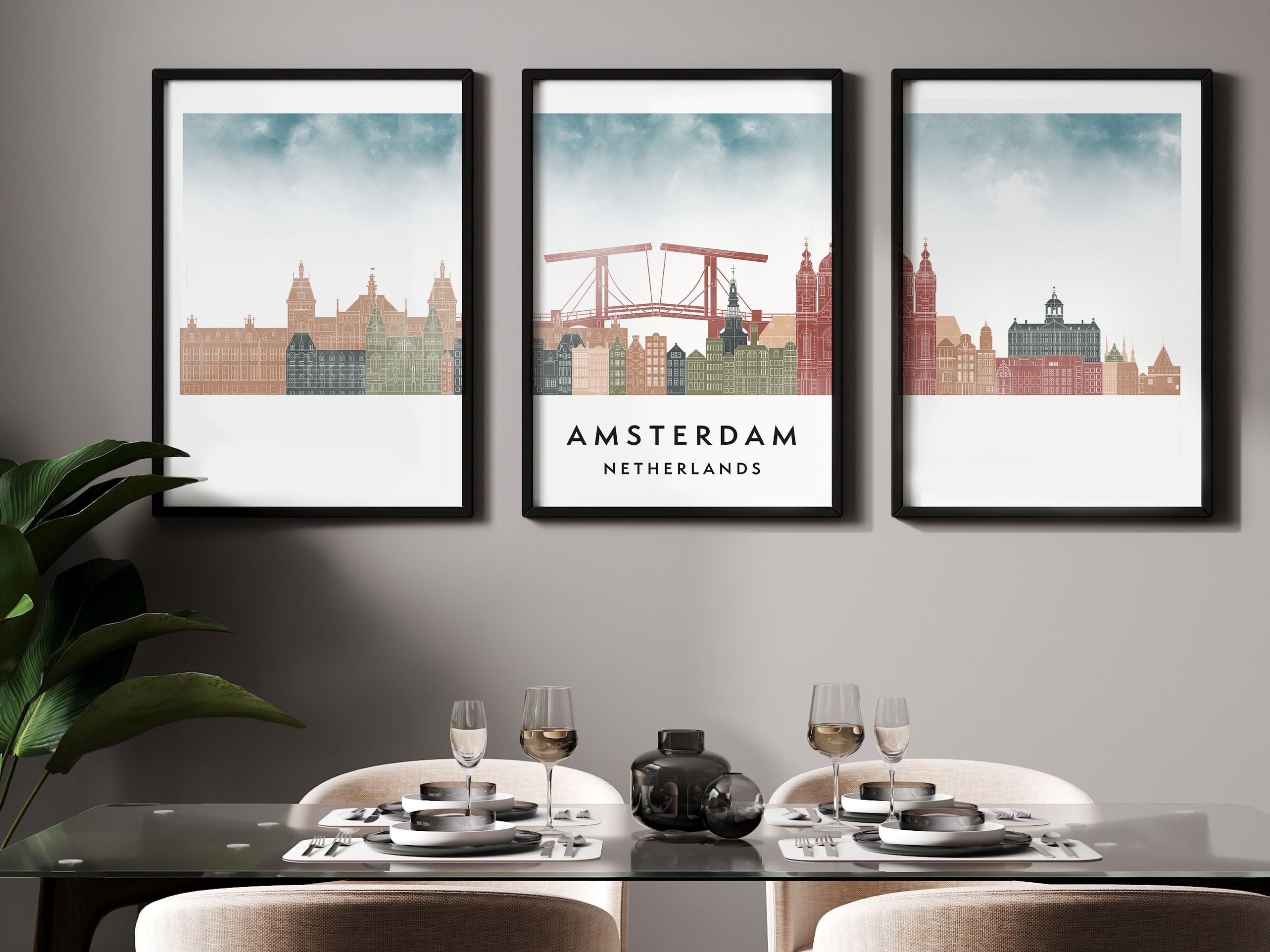 Amsterdam Silhouette Triptych in Watercolor Style, Amsterdam Skyline Poster, Amsterdam Set of 3 Posters, Watercolor style