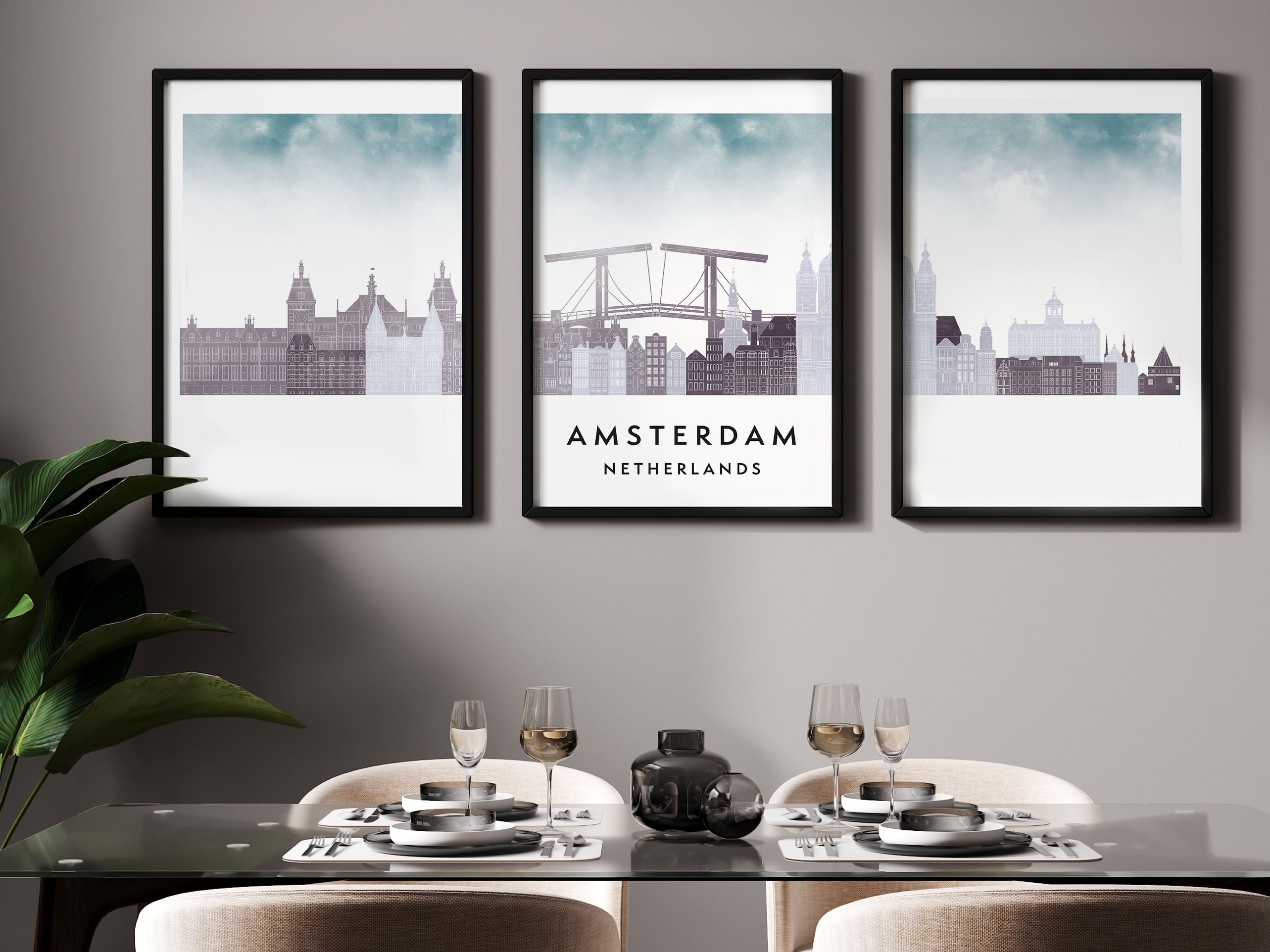 Amsterdam Silhouette Triptych in Watercolor Style, Amsterdam Skyline Poster, Amsterdam Set of 3 Posters, Watercolor style
