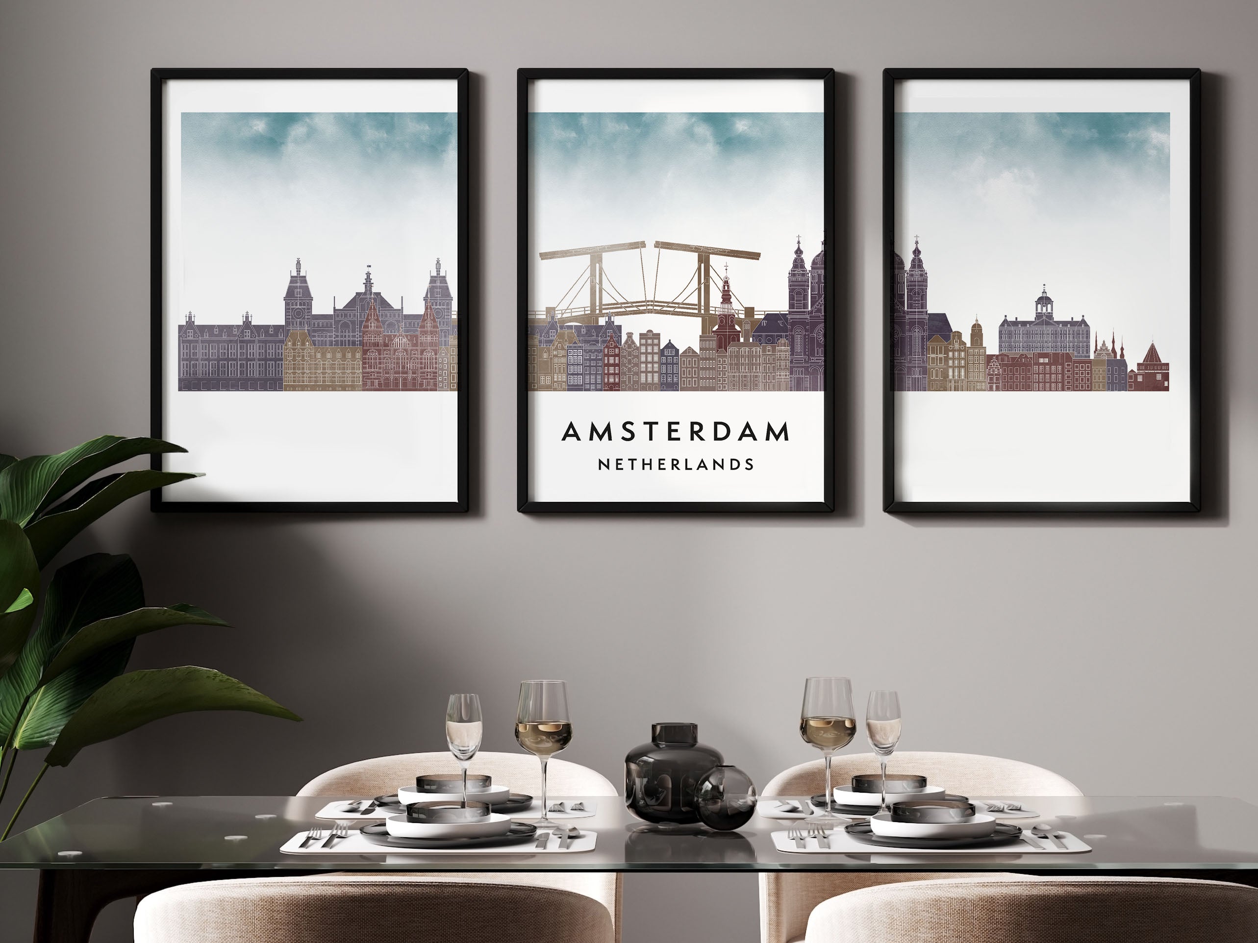 Amsterdam Silhouette Triptych in Watercolor Style, Amsterdam Skyline Poster, Amsterdam Set of 3 Posters, Watercolor style