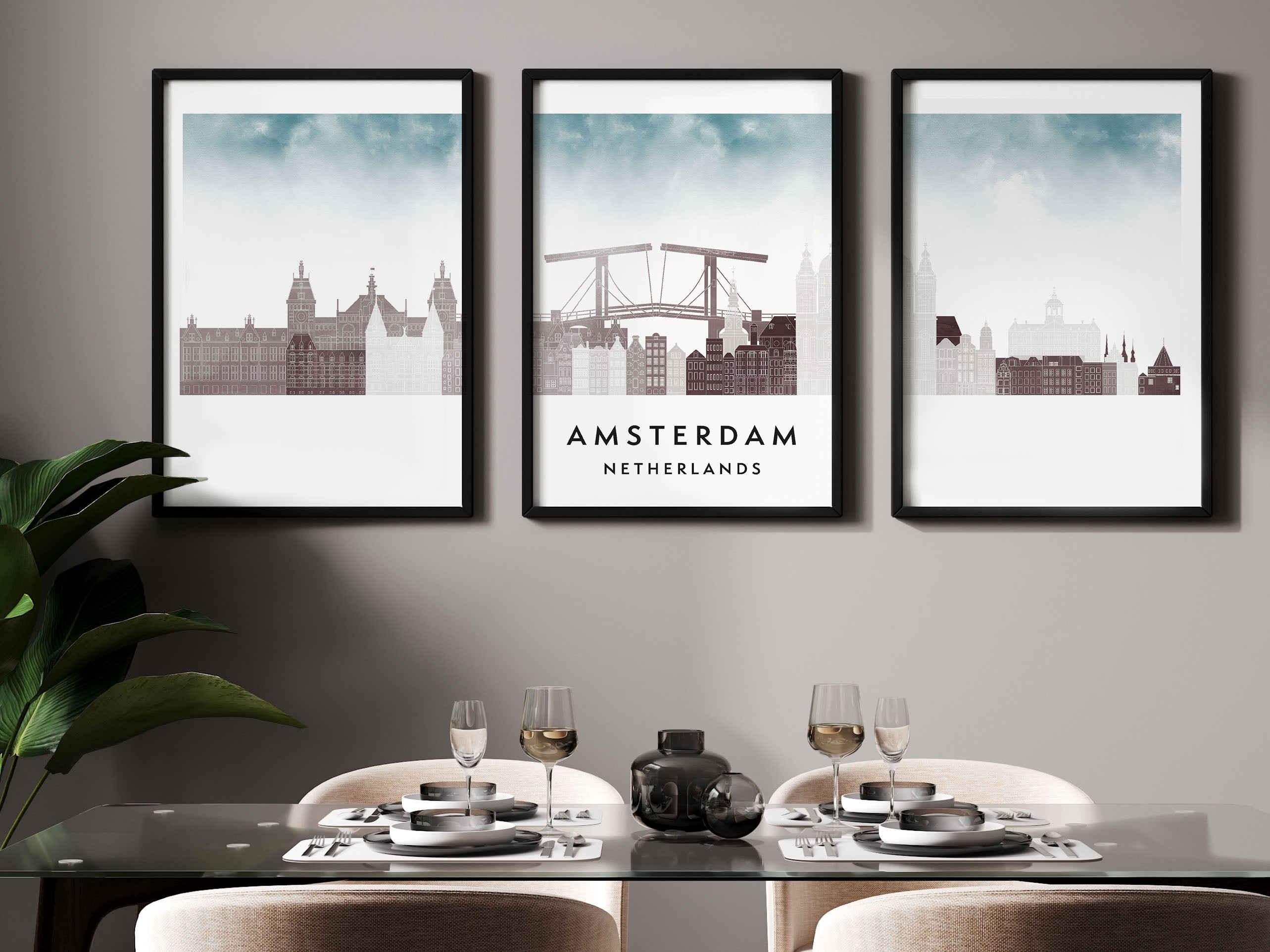 Amsterdam Silhouette Triptych in Watercolor Style, Amsterdam Skyline Poster, Amsterdam Set of 3 Posters, Watercolor style