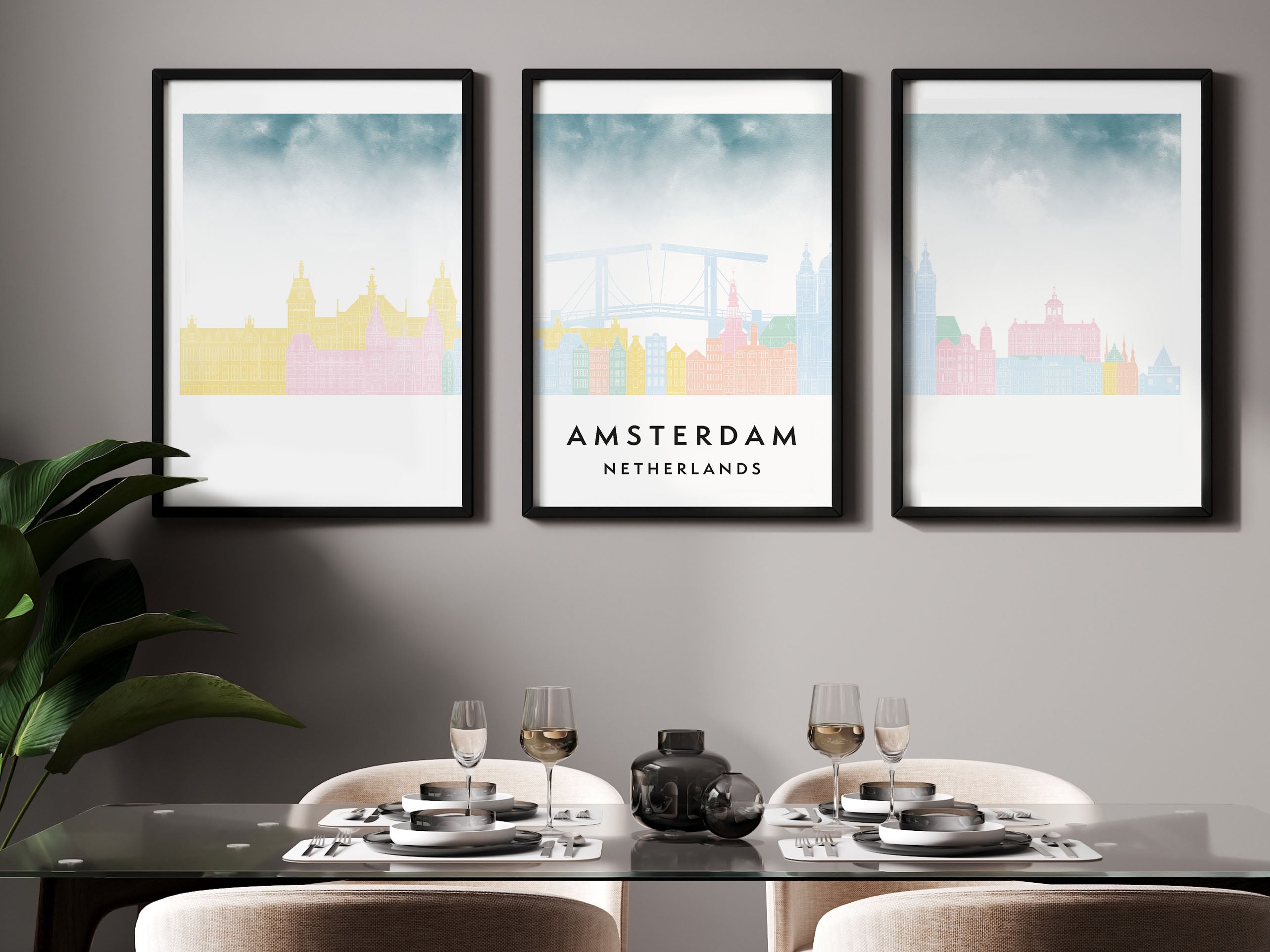 Amsterdam Silhouette Triptych in Watercolor Style, Amsterdam Skyline Poster, Amsterdam Set of 3 Posters, Watercolor style