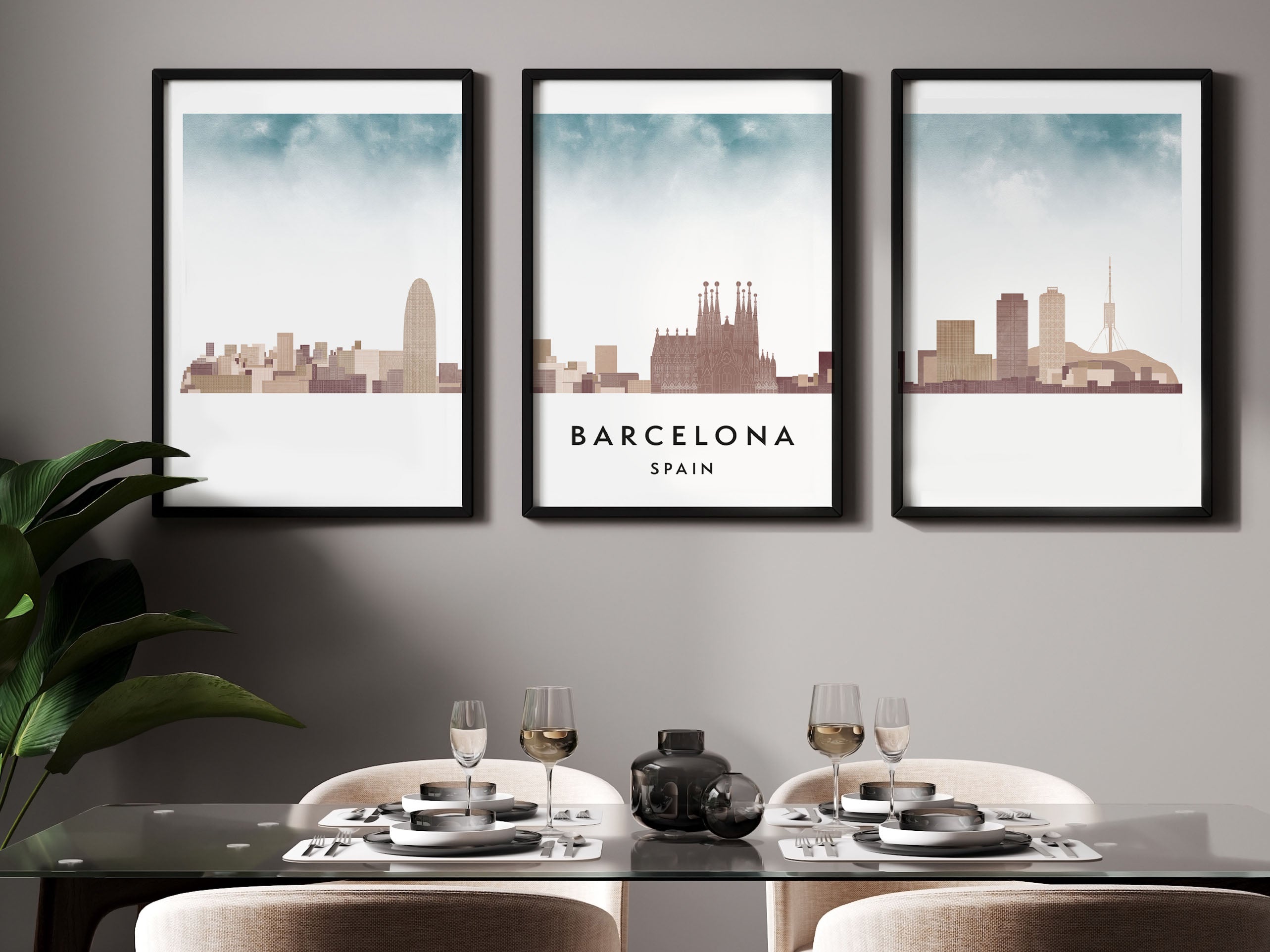 Barcelona Silhouette Triptych in Watercolor Style, Barcelona Skyline Poster, Barcelona Set of 3 Posters, Watercolor style