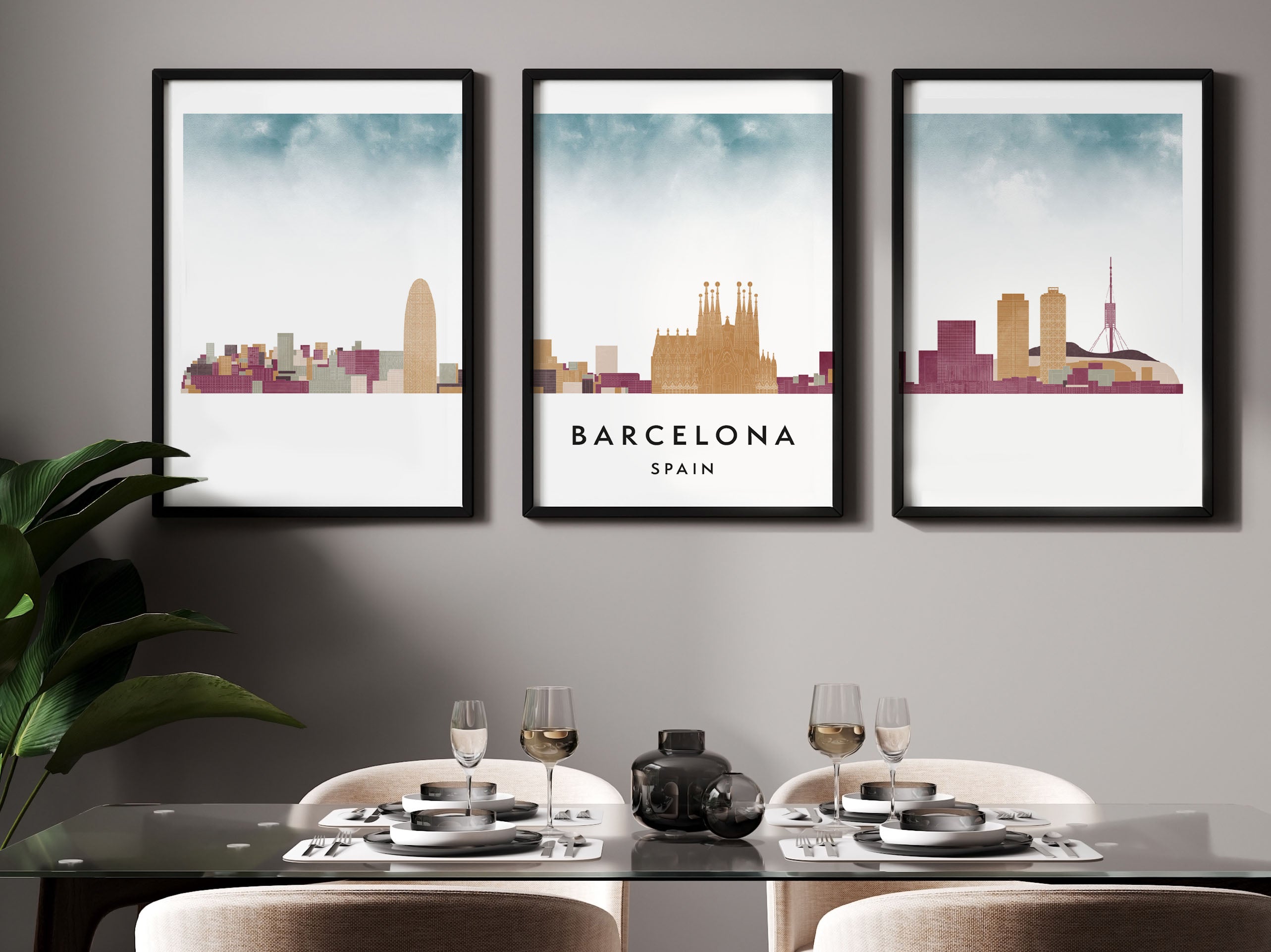 Barcelona Silhouette Triptych in Watercolor Style, Barcelona Skyline Poster, Barcelona Set of 3 Posters, Watercolor style
