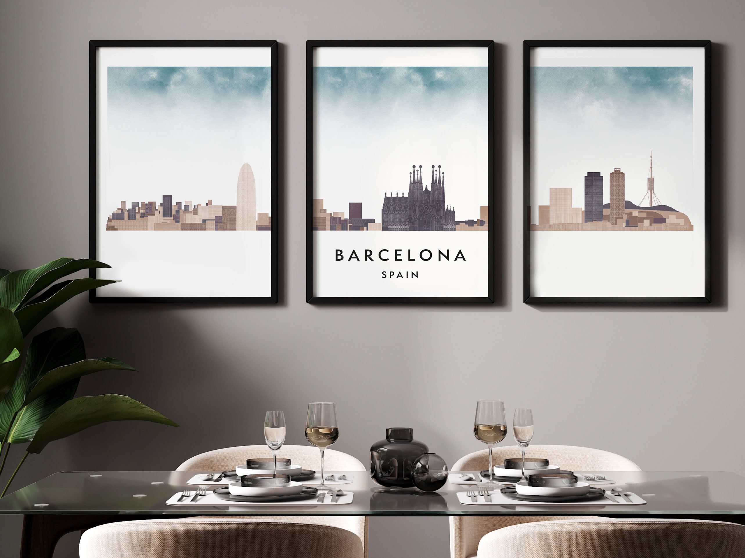 Barcelona Silhouette Triptych in Watercolor Style, Barcelona Skyline Poster, Barcelona Set of 3 Posters, Watercolor style