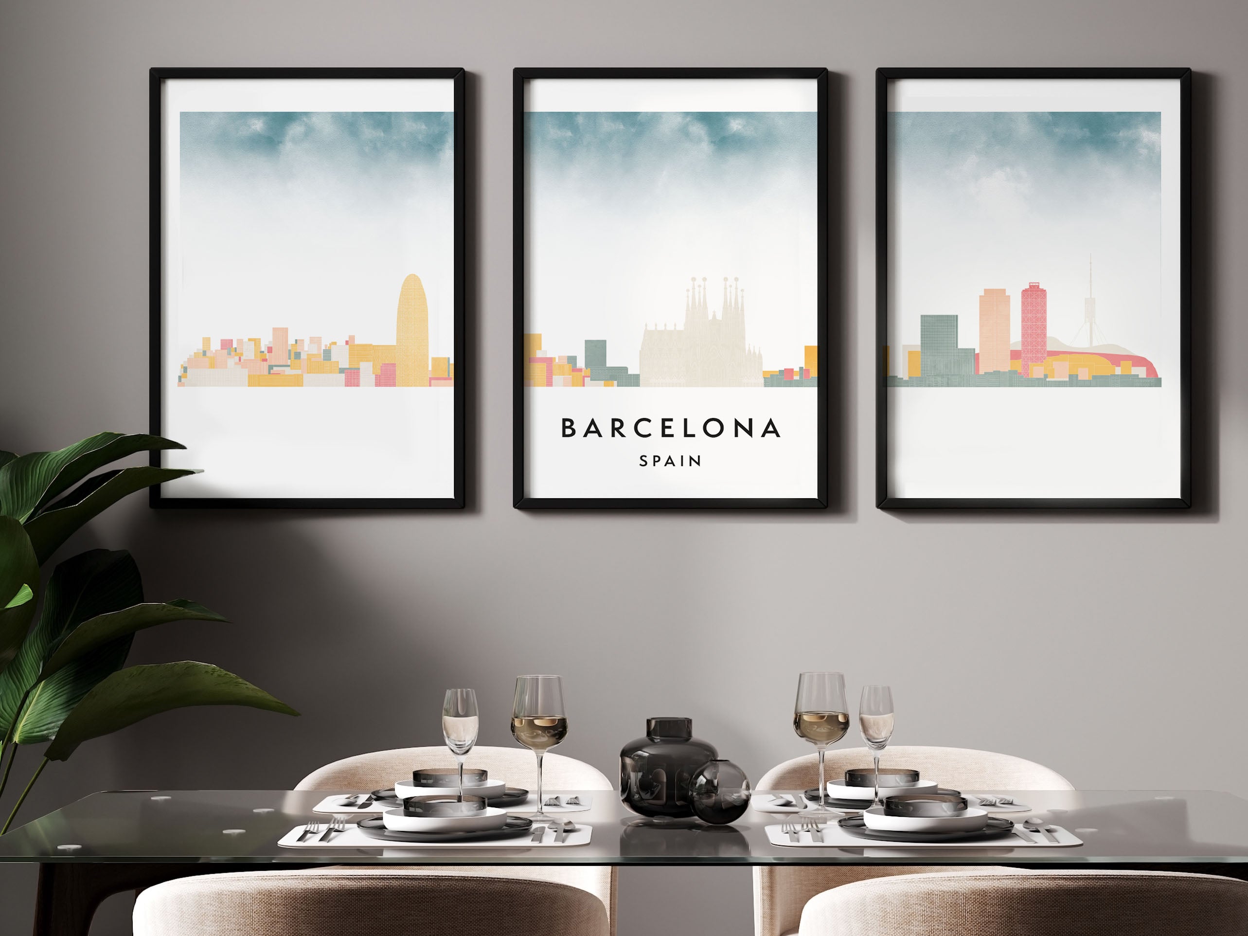 Barcelona Silhouette Triptych in Watercolor Style, Barcelona Skyline Poster, Barcelona Set of 3 Posters, Watercolor style