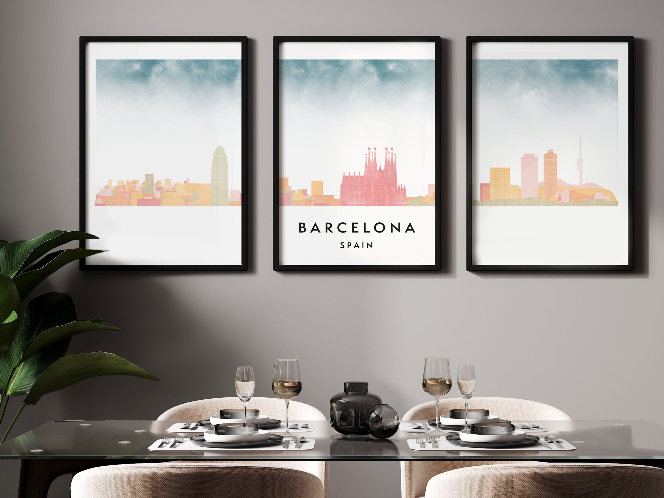 Barcelona Silhouette Triptych in Watercolor Style, Barcelona Skyline Poster, Barcelona Set of 3 Posters, Watercolor style