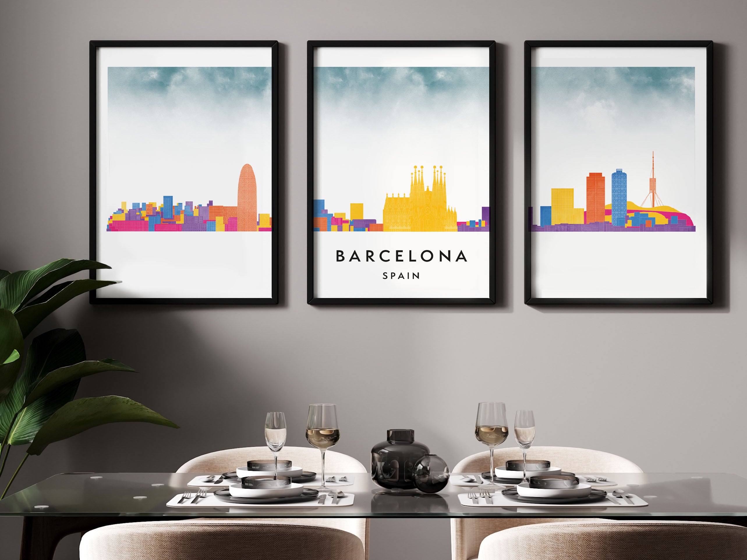 Barcelona Silhouette Triptych in Watercolor Style, Barcelona Skyline Poster, Barcelona Set of 3 Posters, Watercolor style