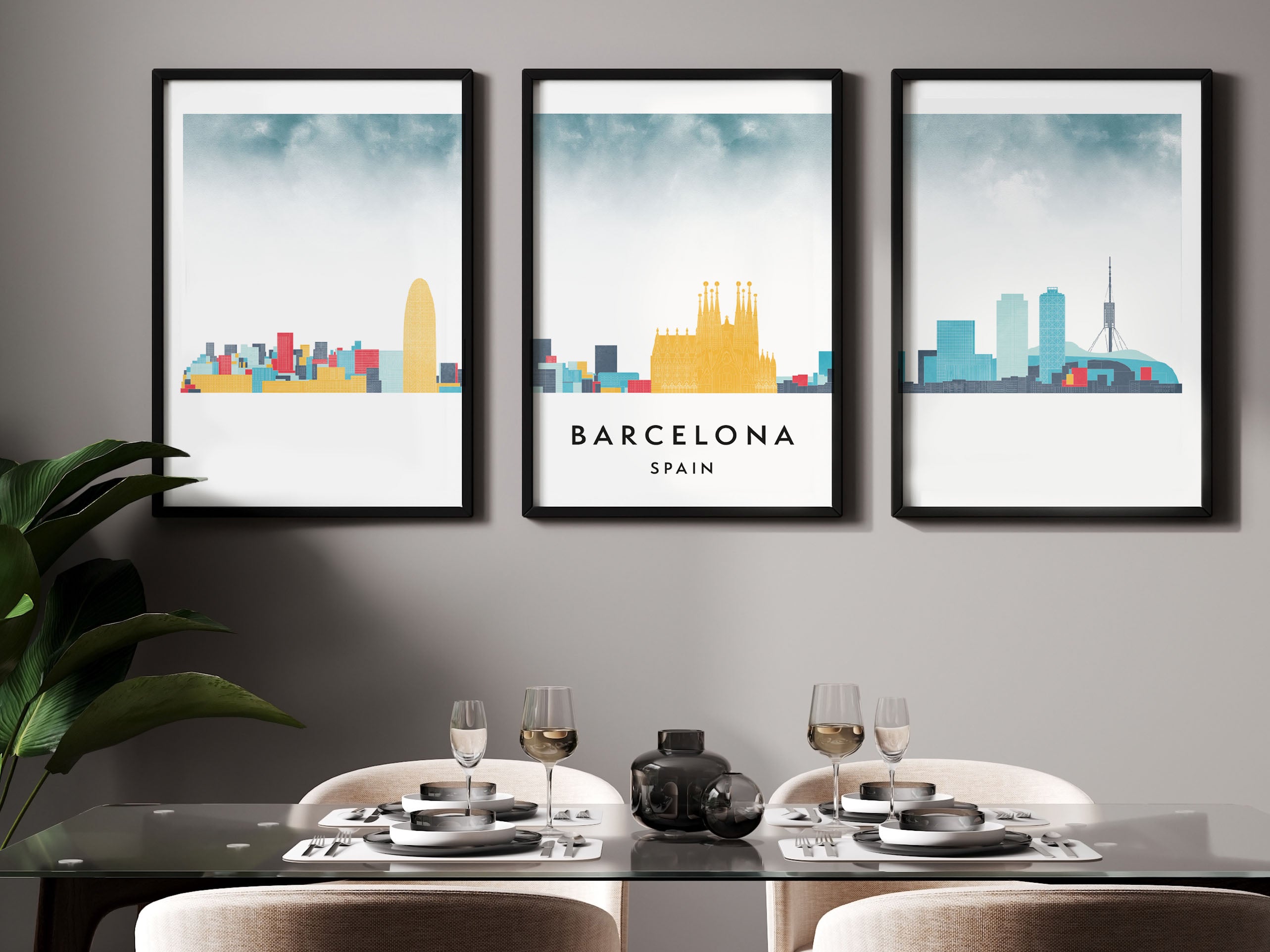 Barcelona Silhouette Triptych in Watercolor Style, Barcelona Skyline Poster, Barcelona Set of 3 Posters, Watercolor style