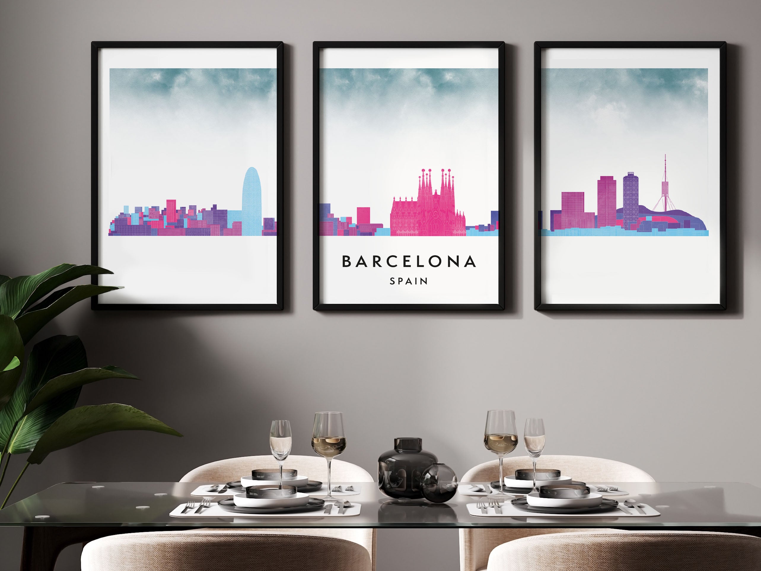Barcelona Silhouette Triptych in Watercolor Style, Barcelona Skyline Poster, Barcelona Set of 3 Posters