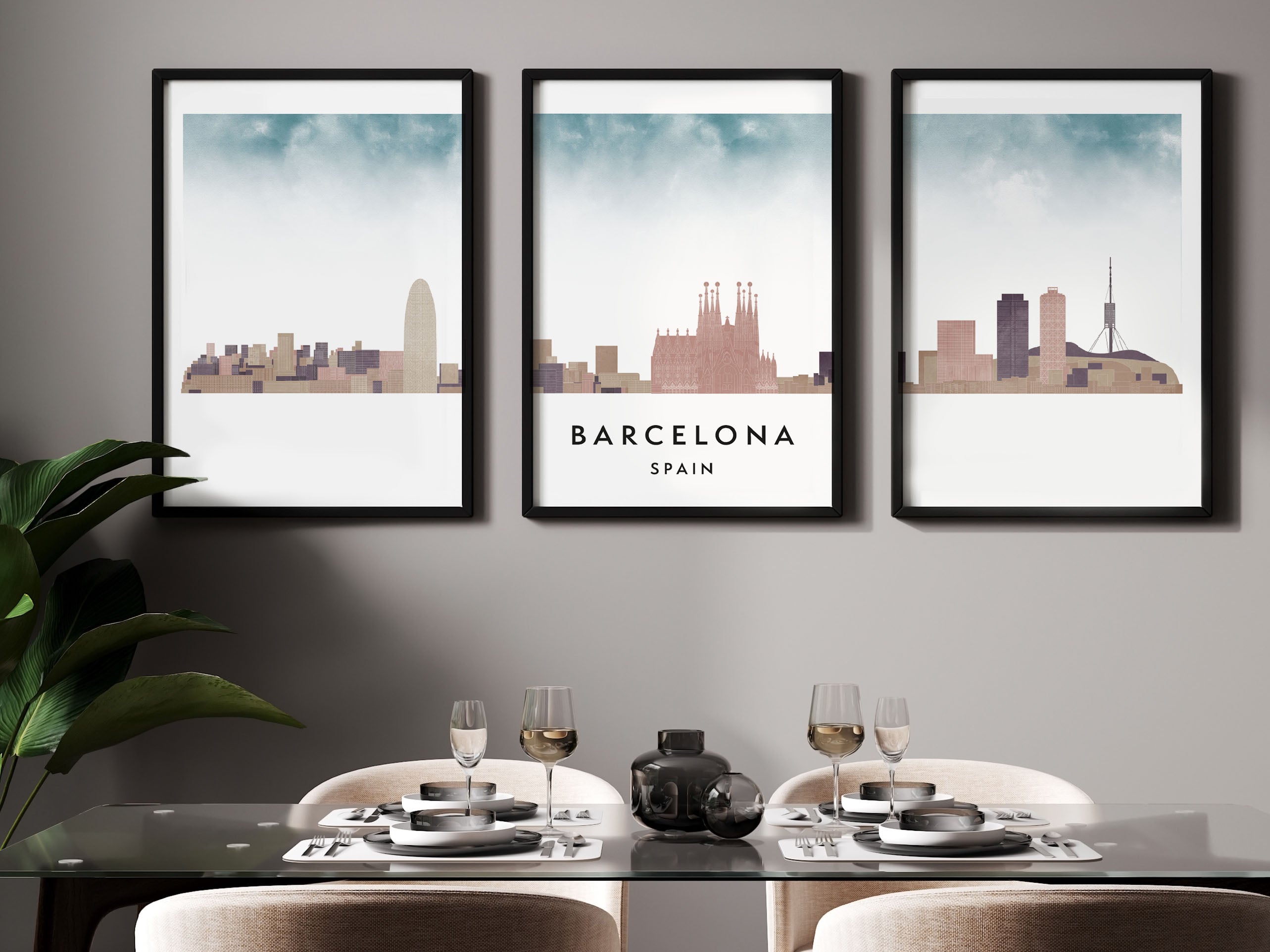 Barcelona Silhouette Triptych in Watercolor Style, Barcelona Skyline Poster, Barcelona Set of 3 Posters, Watercolor style